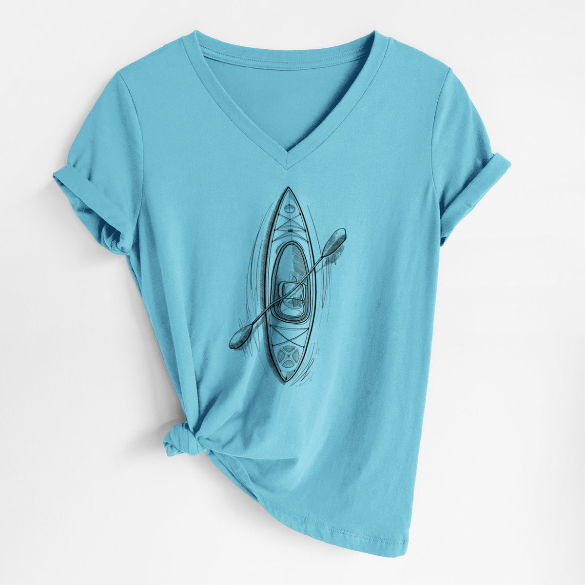 Turquoise women's relaxed fit cotton V-neck t-shirt laid flat, printed with a black ink illustration of a kayak with a paddle, seen from above.