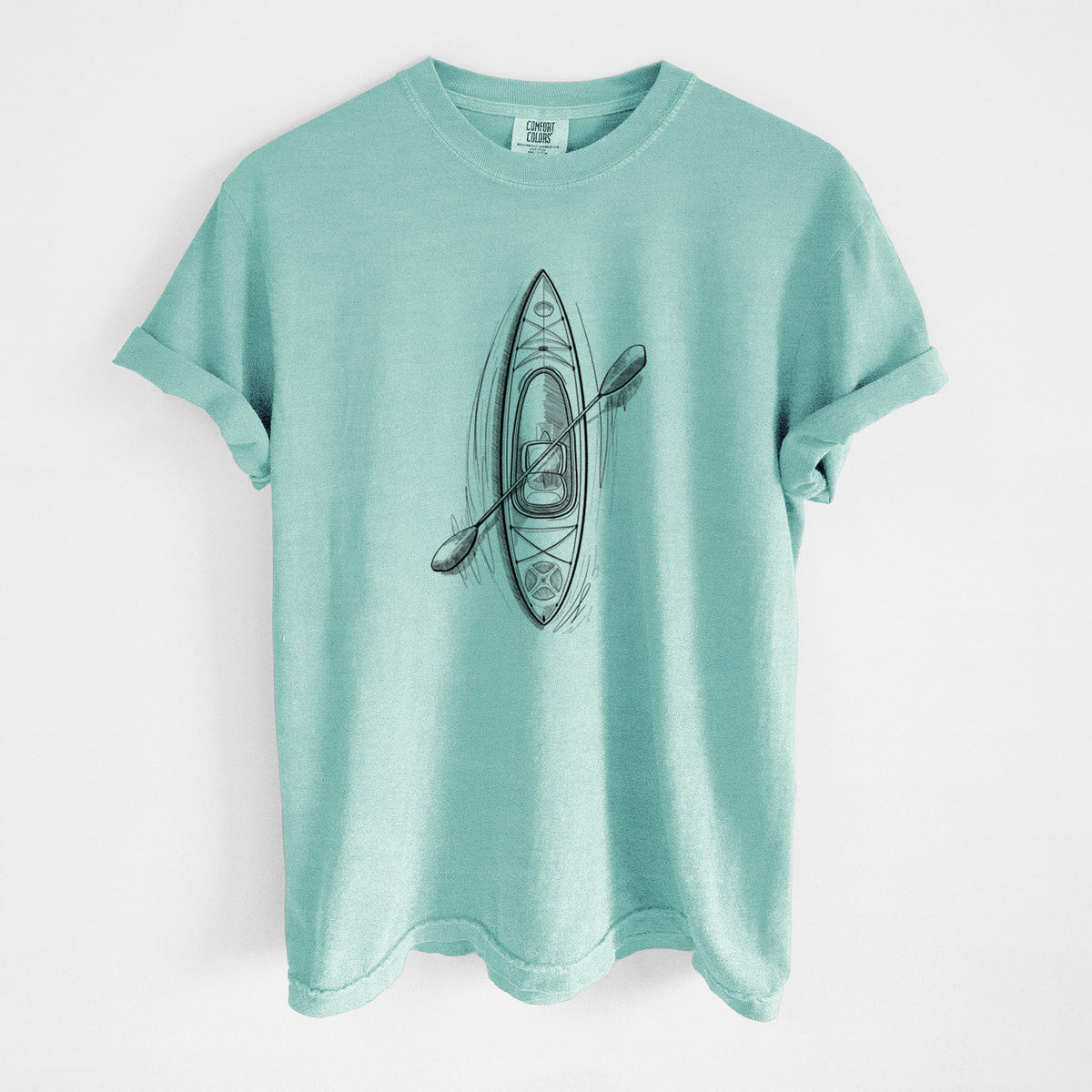 Chalky mint Comfort Colors t-shirt laid flat, printed with a black ink illustration of a kayak with a paddle, seen from above.