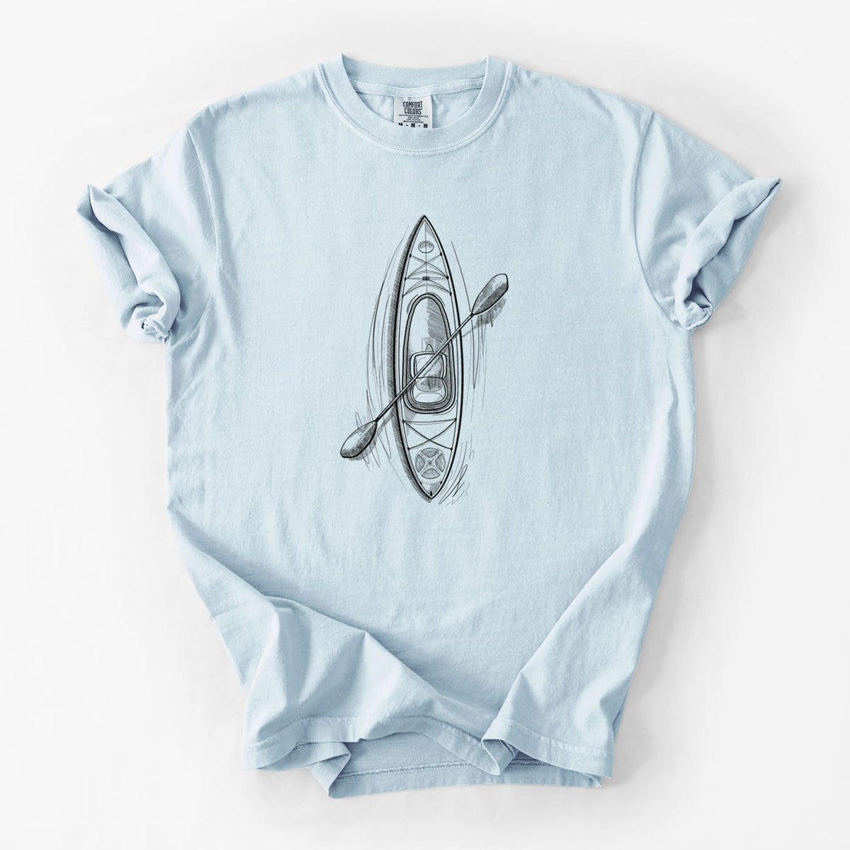 Chambray blue Comfort Colors t-shirt laid flat, printed with a black ink illustration of a kayak with a paddle, seen from above.