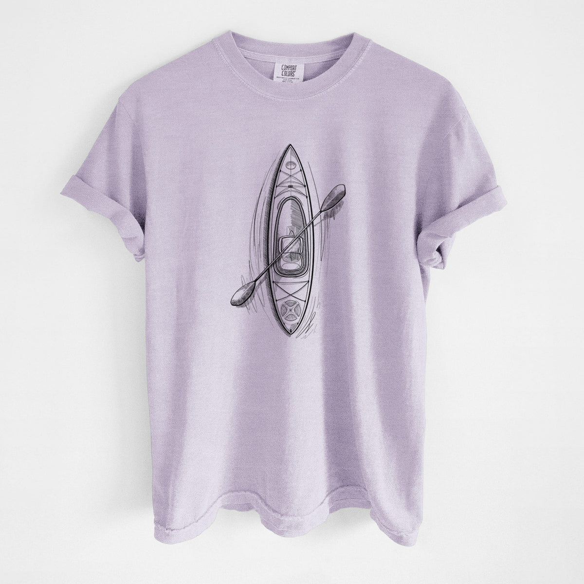Orchid purple Comfort Colors t-shirt laid flat, printed with a black ink illustration of a kayak with a paddle, seen from above.