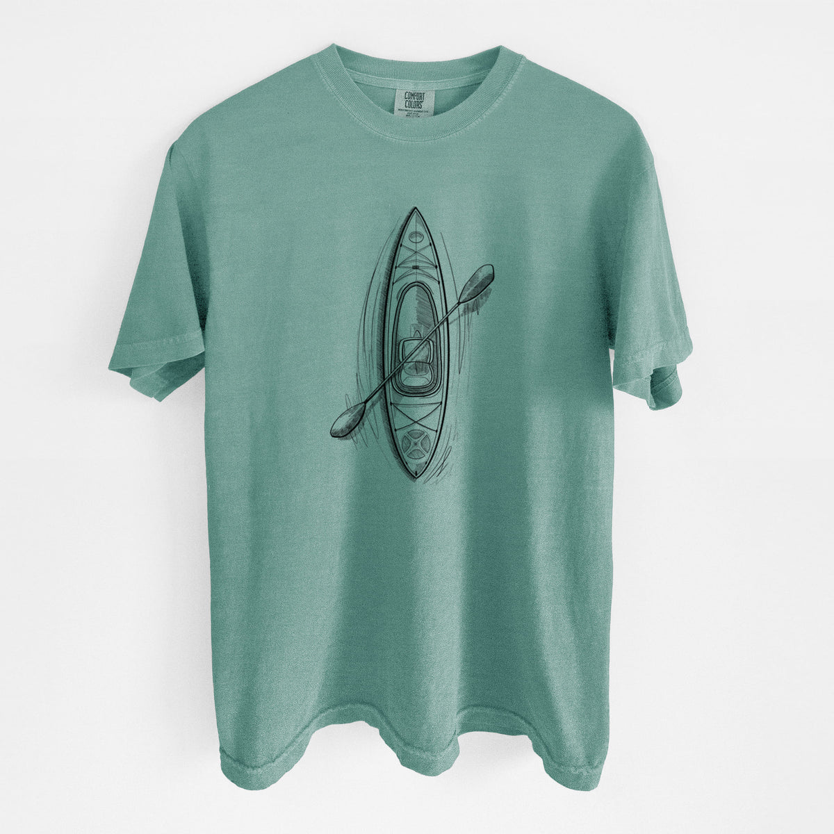Reef green Comfort Colors t-shirt laid flat, printed with a black ink illustration of a kayak with a paddle, seen from above.