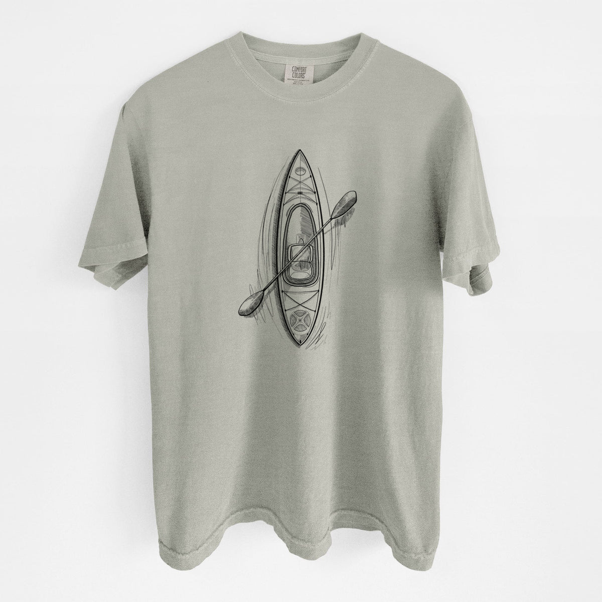 Sandstone beige Comfort Colors t-shirt laid flat, printed with a black ink illustration of a kayak with a paddle, seen from above.