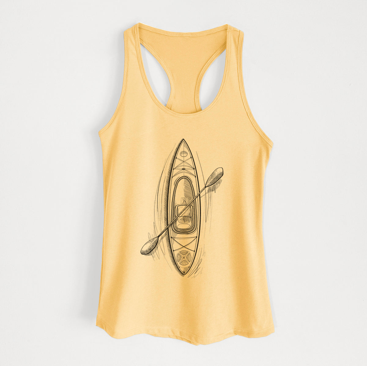 Banana cream women's racerback tank top laid flat, printed with a black ink illustration of a kayak with a paddle, seen from above.