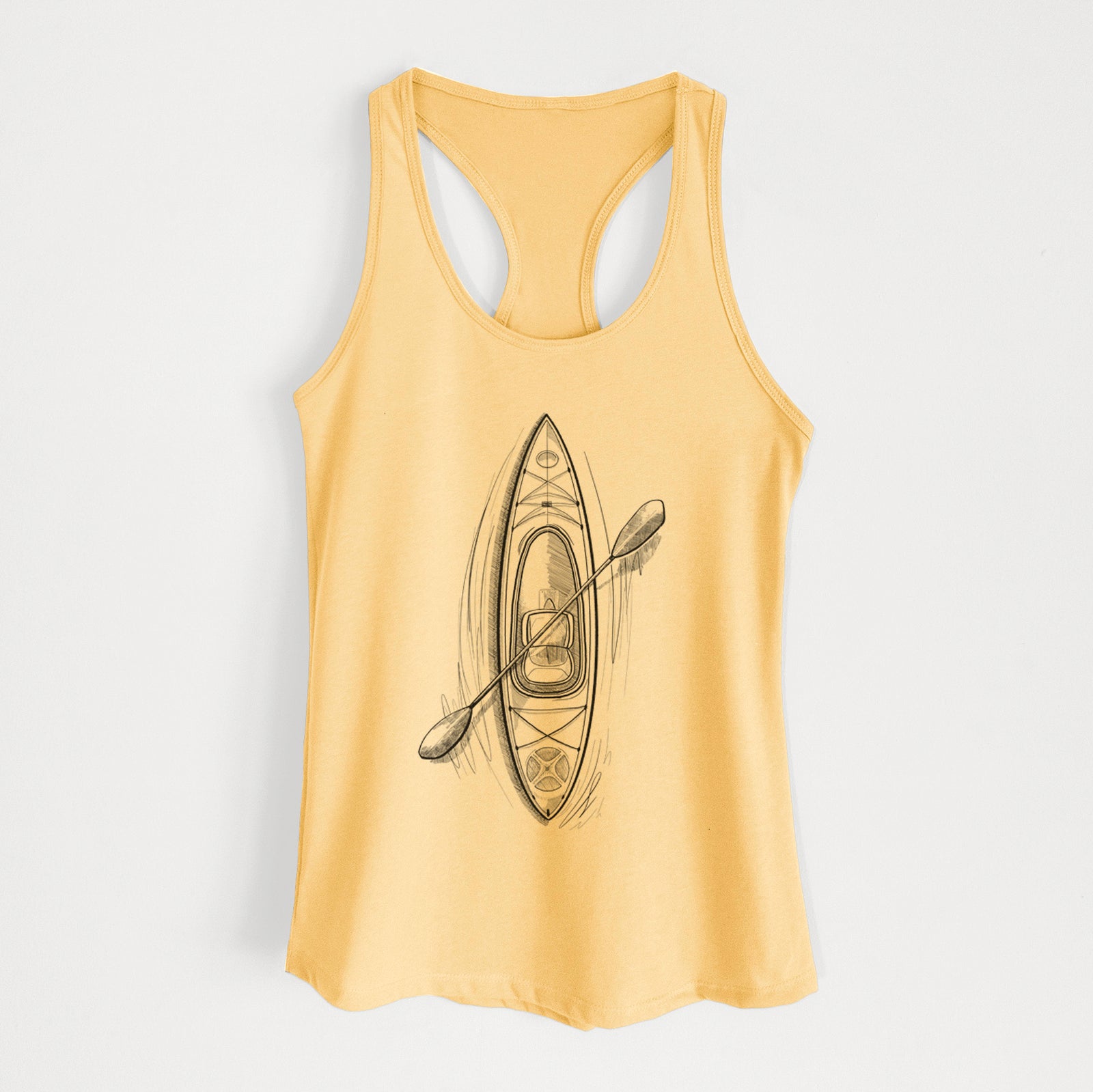 Banana cream women's racerback tank top laid flat, printed with a black ink illustration of a kayak with a paddle, seen from above.