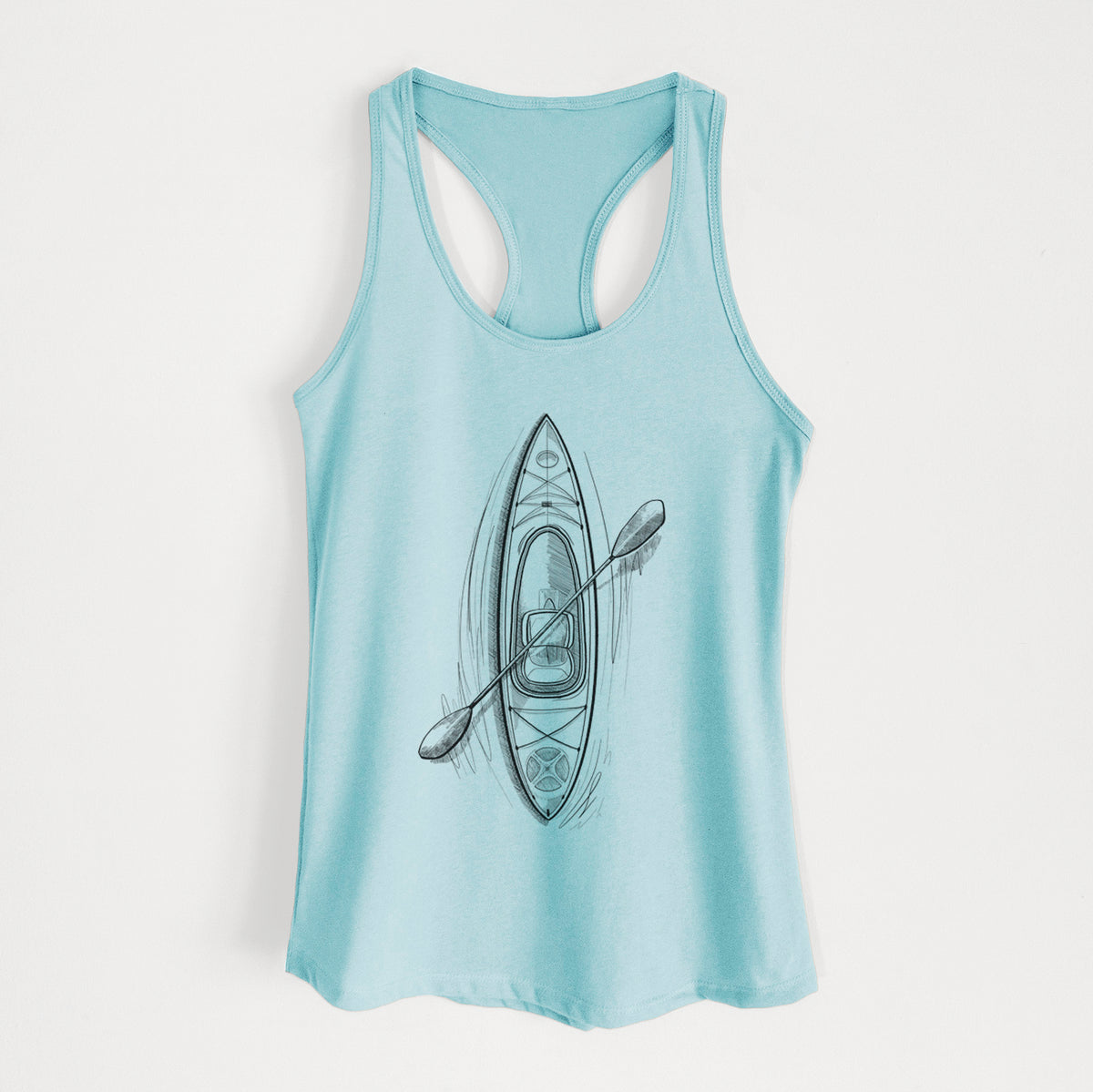 Cancun blue women's racerback tank top laid flat, printed with a black ink illustration of a kayak with a paddle, seen from above.