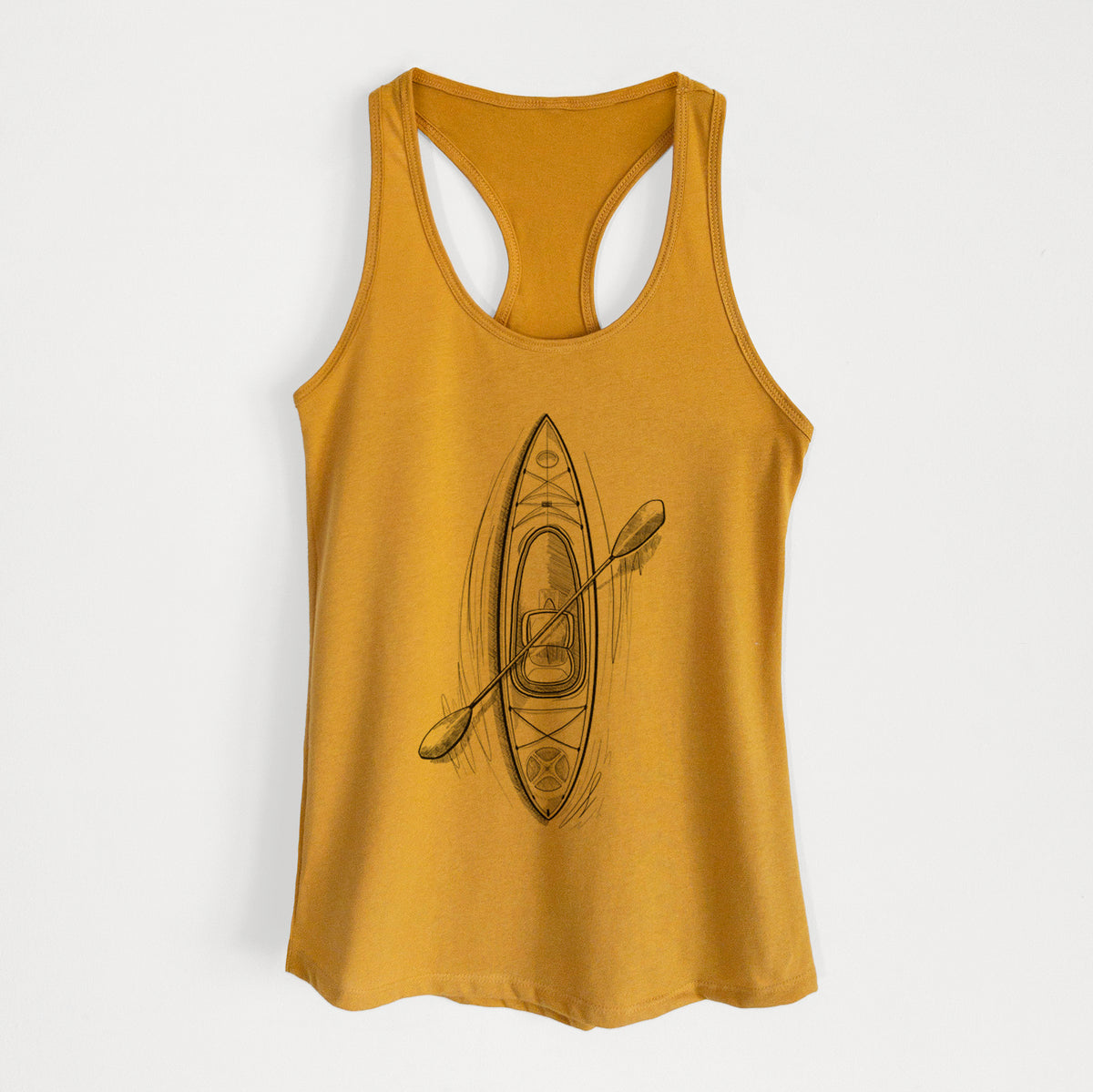 Gold women's racerback tank top laid flat, printed with a black ink illustration of a kayak with a paddle, seen from above.
