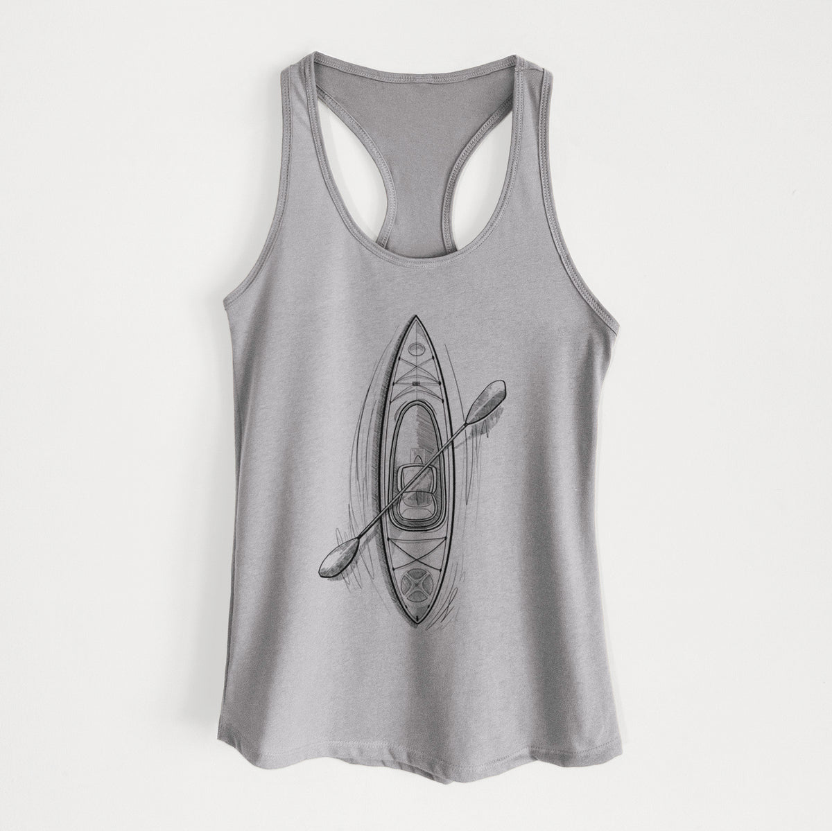 Heather grey women's racerback tank top laid flat, printed with a black ink illustration of a kayak with a paddle, seen from above.