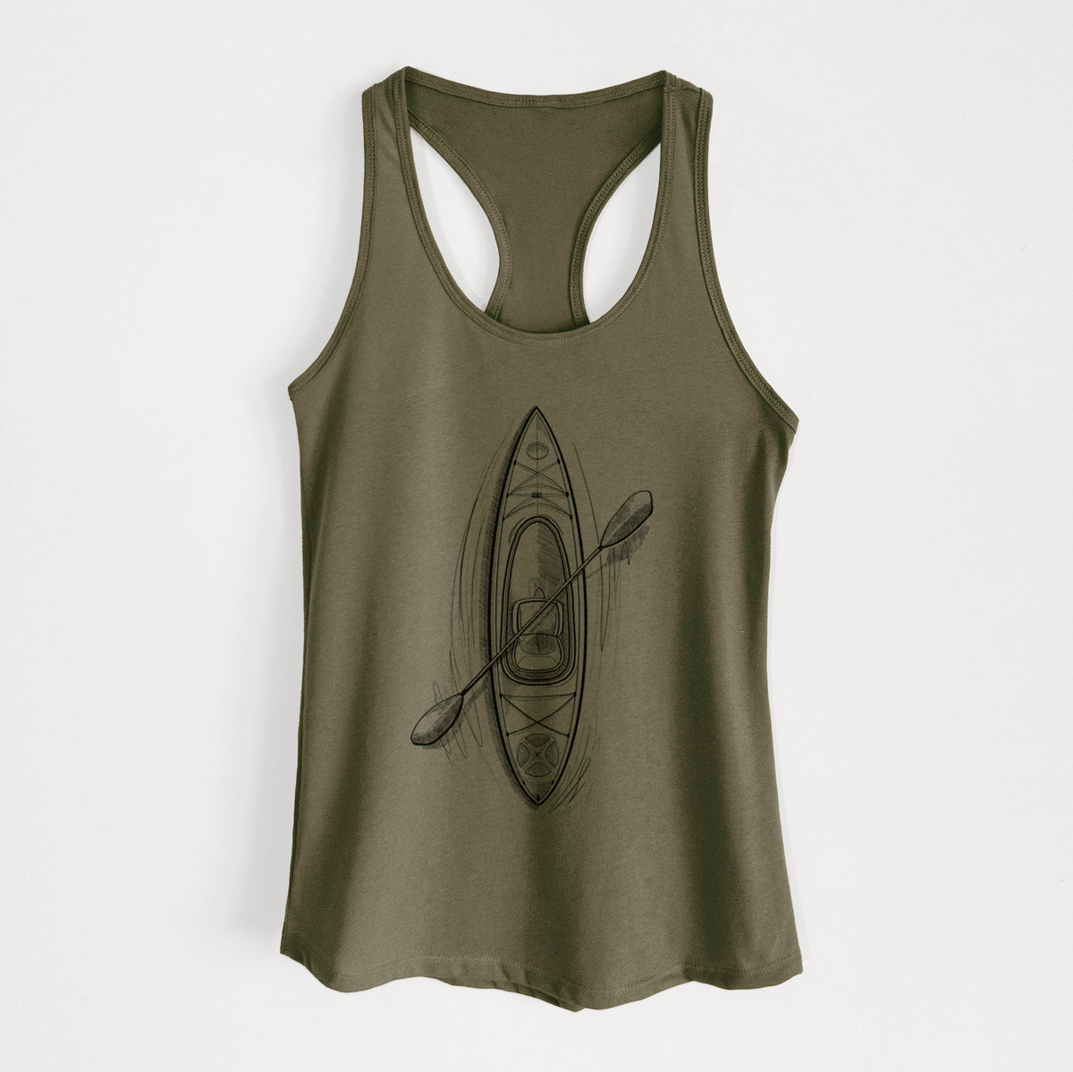 Military green women's racerback tank top laid flat, printed with a black ink illustration of a kayak with a paddle, seen from above.