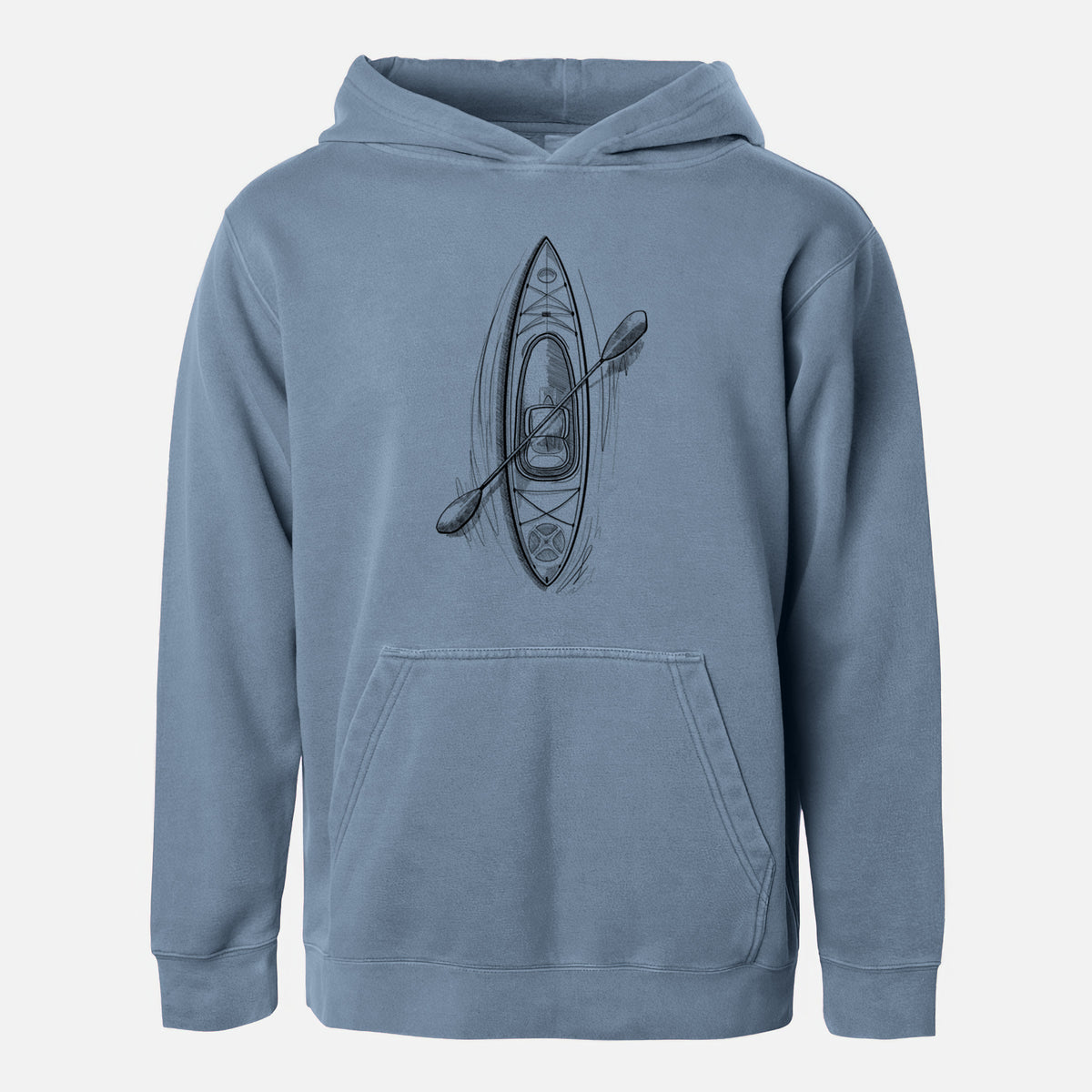 Slate blue youth pigment dyed hoodie laid flat, printed with a black ink illustration of a kayak with a paddle, seen from above.