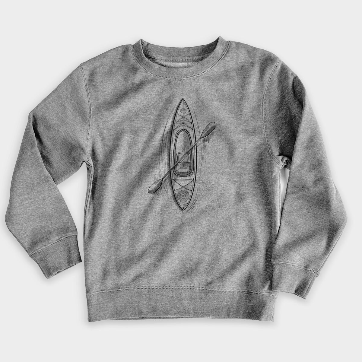 Nickel grey youth crewneck sweatshirt laid flat, printed with a black ink illustration of a kayak with a paddle, seen from above.