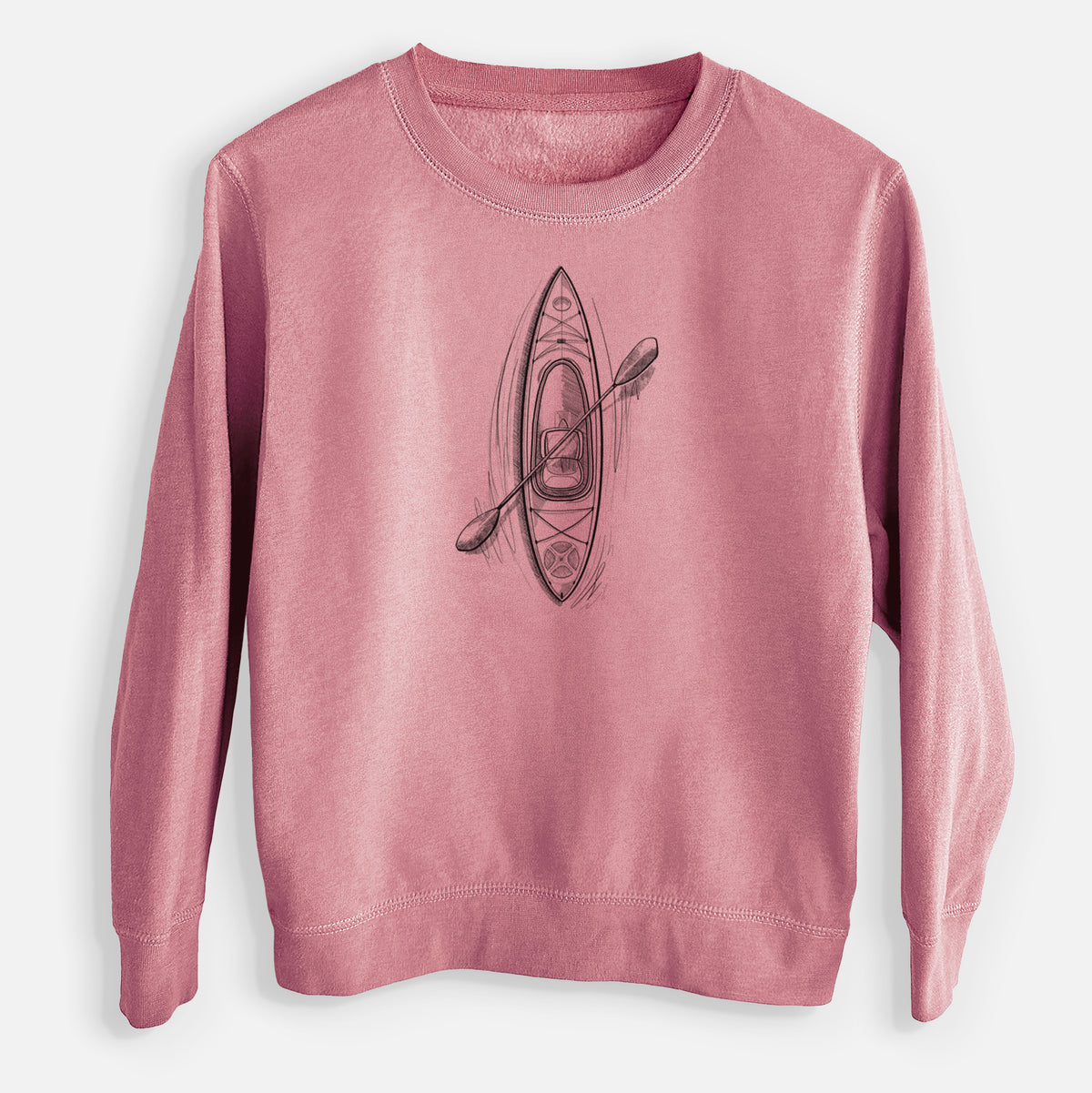 Mauve pink youth crewneck sweatshirt laid flat, printed with a black ink illustration of a kayak with a paddle, seen from above.