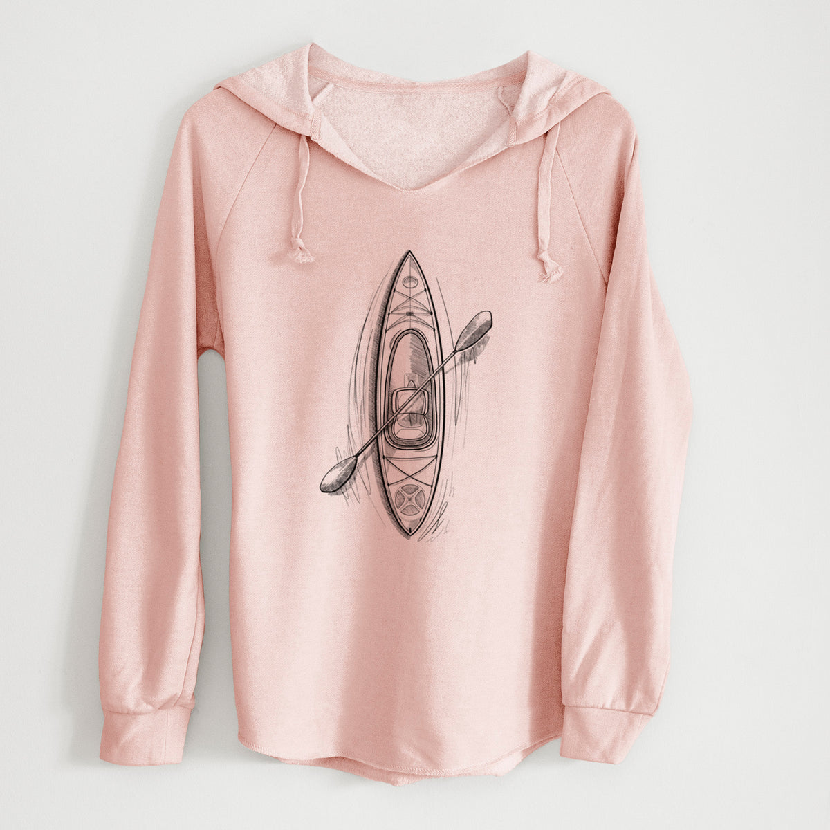 Blush pink women's Cali Wave hooded sweatshirt laid flat, printed with a black ink illustration of a kayak with a paddle, seen from above.