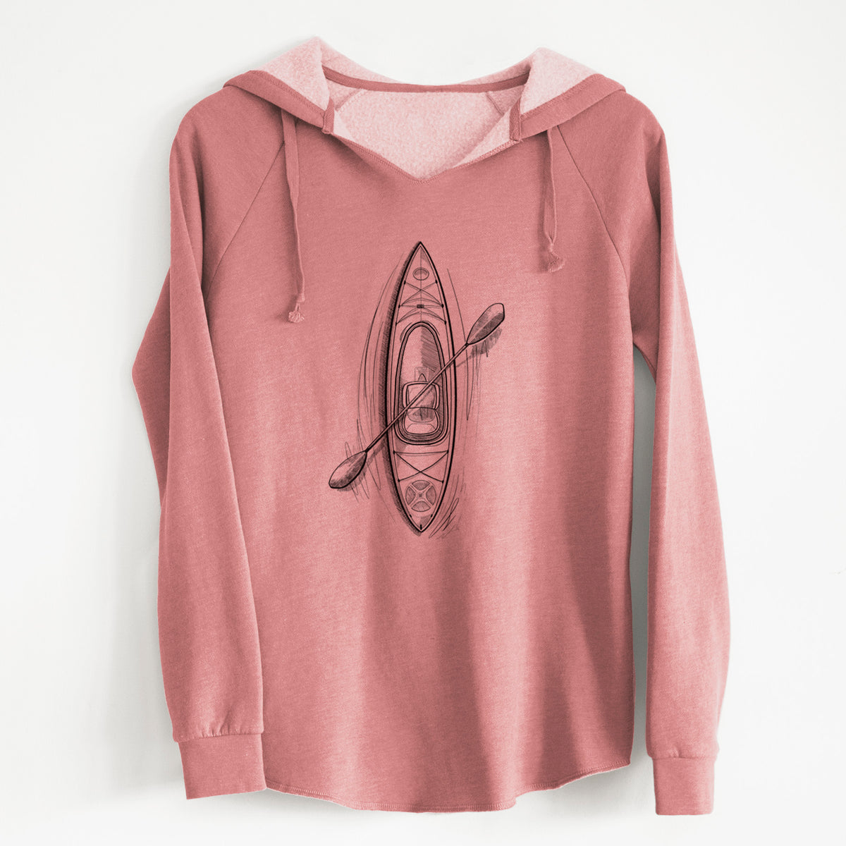 Dusty rose women's Cali Wave hooded sweatshirt laid flat, printed with a black ink illustration of a kayak with a paddle, seen from above.