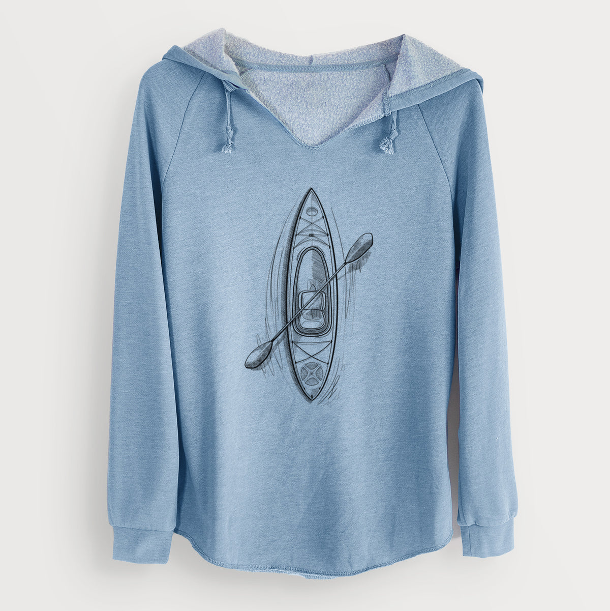 Misty blue women's Cali Wave hooded sweatshirt laid flat, printed with a black ink illustration of a kayak with a paddle, seen from above.