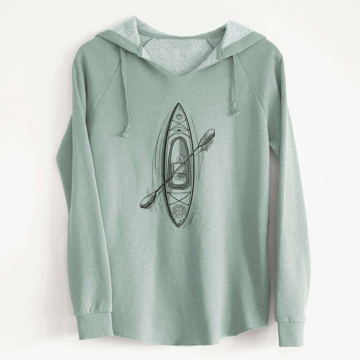 Sage green women's Cali Wave hooded sweatshirt laid flat, printed with a black ink illustration of a kayak with a paddle, seen from above.