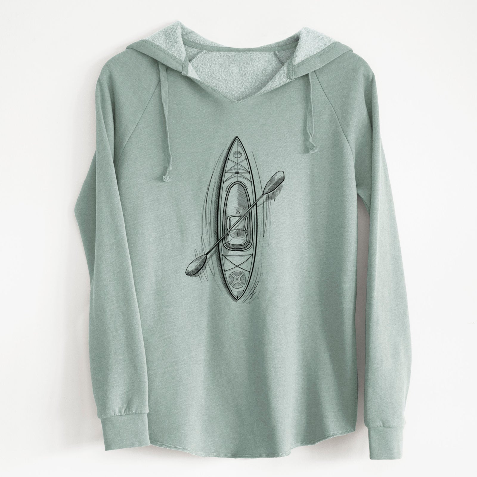Sage green women's Cali Wave hooded sweatshirt laid flat, printed with a black ink illustration of a kayak with a paddle, seen from above.