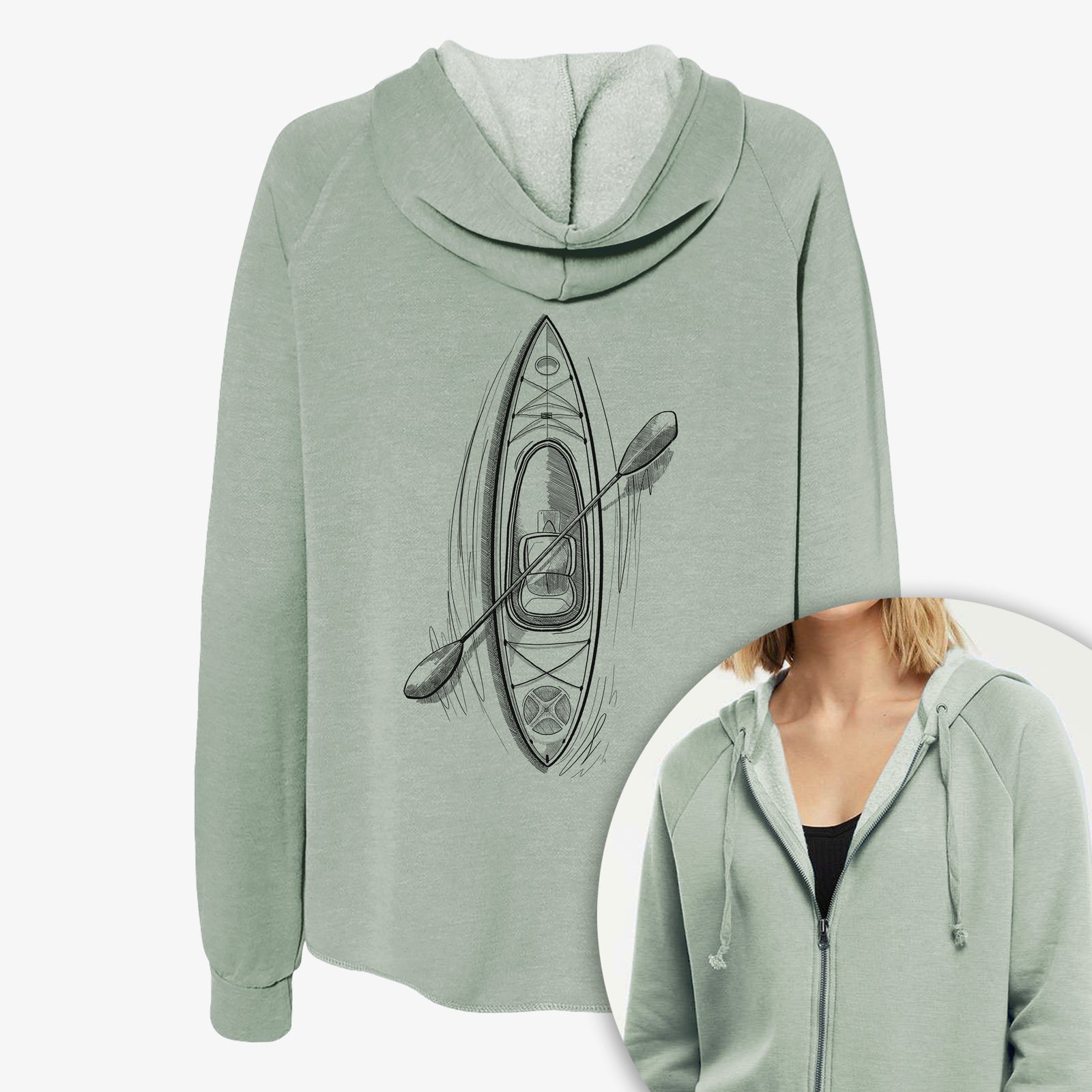 Women's Cali Wave zip-up sweatshirt printed with a black ink illustration of a kayak with a paddle, seen from above, with a close-up of the zipper.