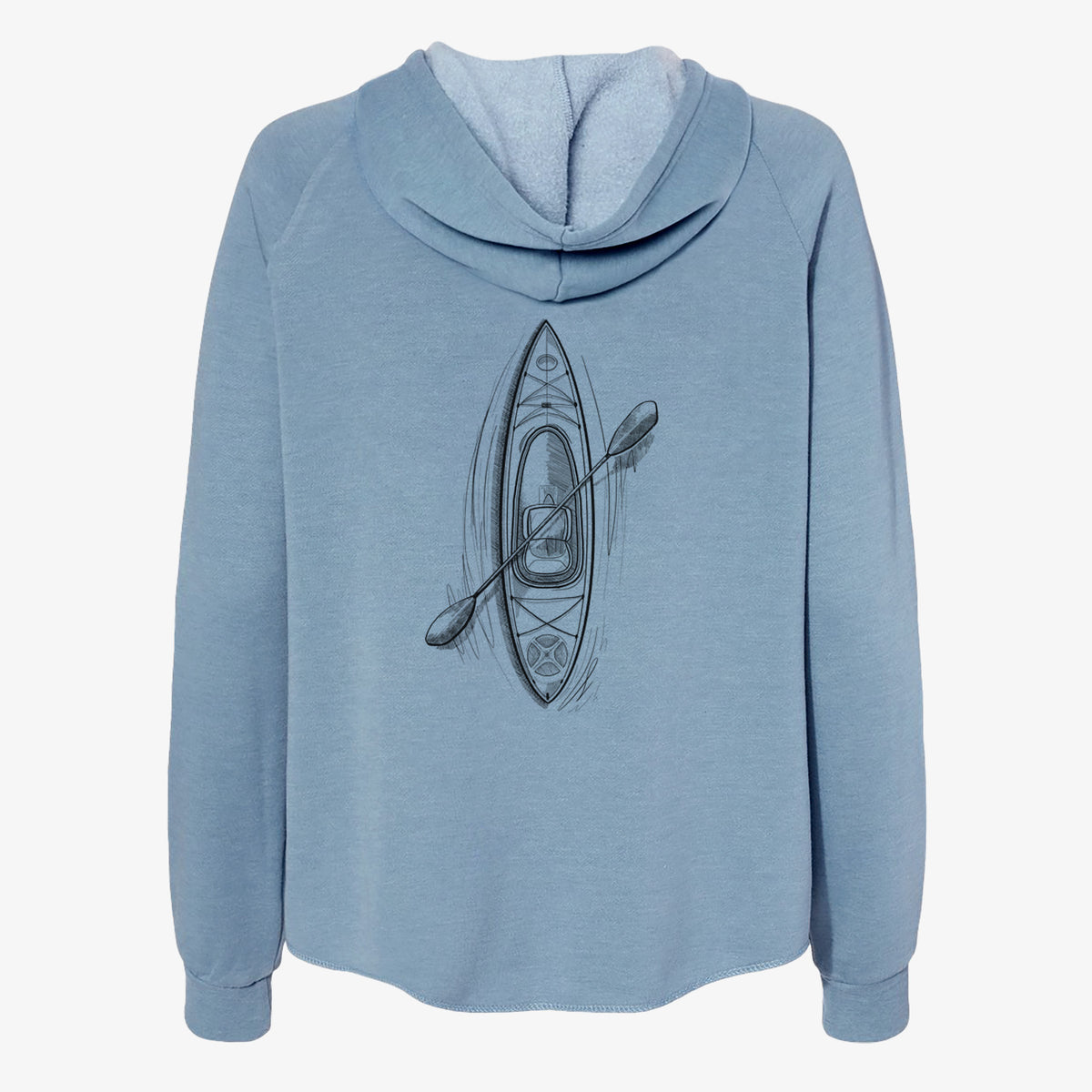 Misty blue women's Cali Wave zip-up sweatshirt laid flat, printed with a black ink illustration of a kayak with a paddle, seen from above.