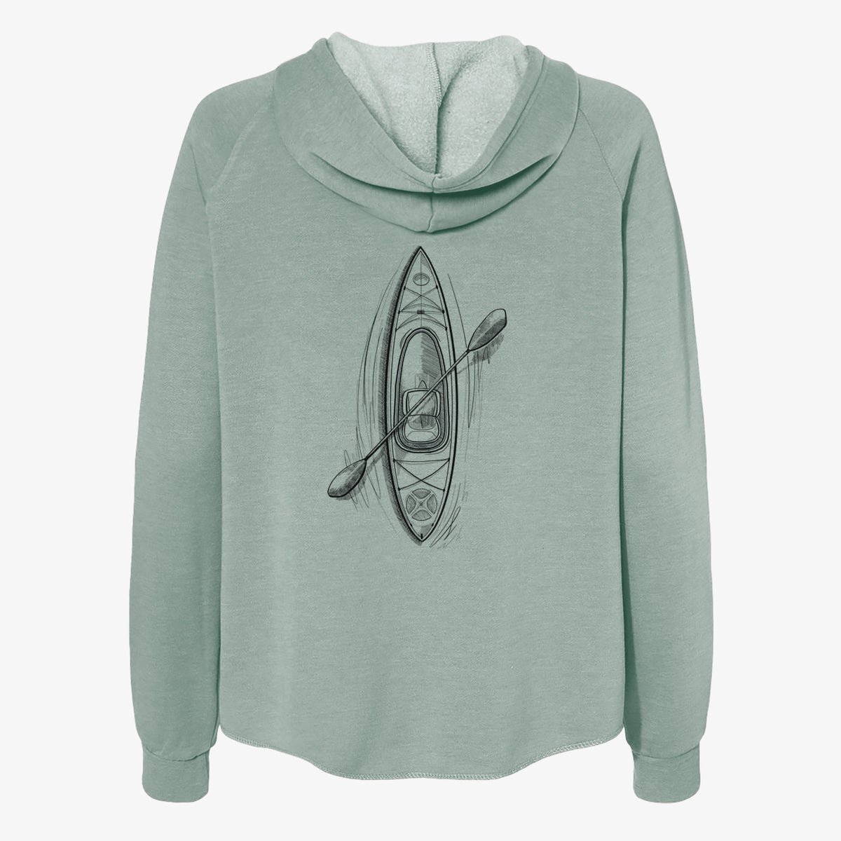 Sage green women's Cali Wave zip-up sweatshirt laid flat, printed with a black ink illustration of a kayak with a paddle, seen from above.