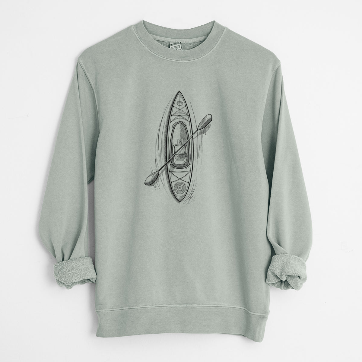 Sage green pigment dyed crewneck sweatshirt laid flat with the sleeves rolled, printed with a black ink illustration of a kayak with a paddle, seen from above.