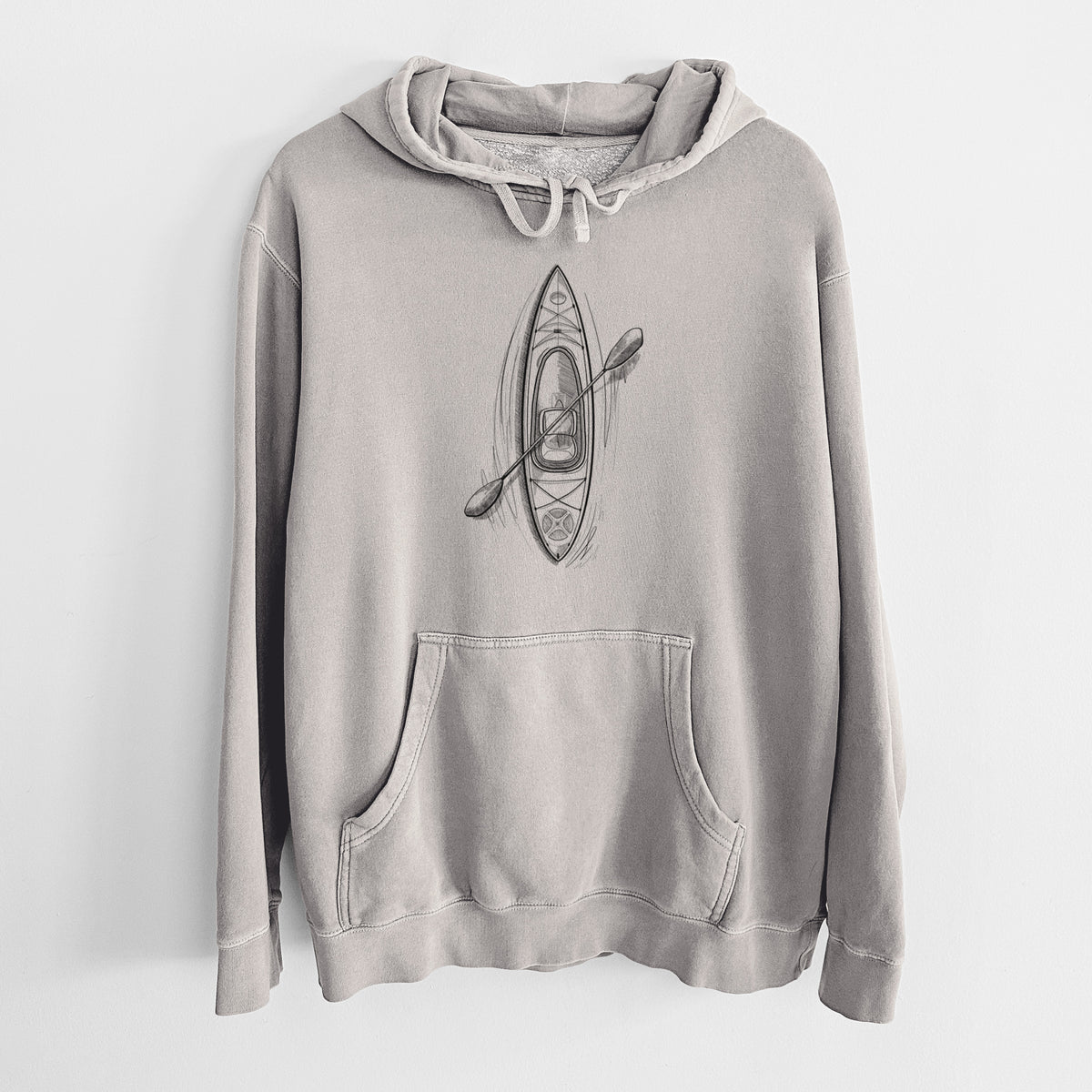 Cement grey pigment dyed hoodie laid flat, printed with a black ink illustration of a kayak with a paddle, seen from above.