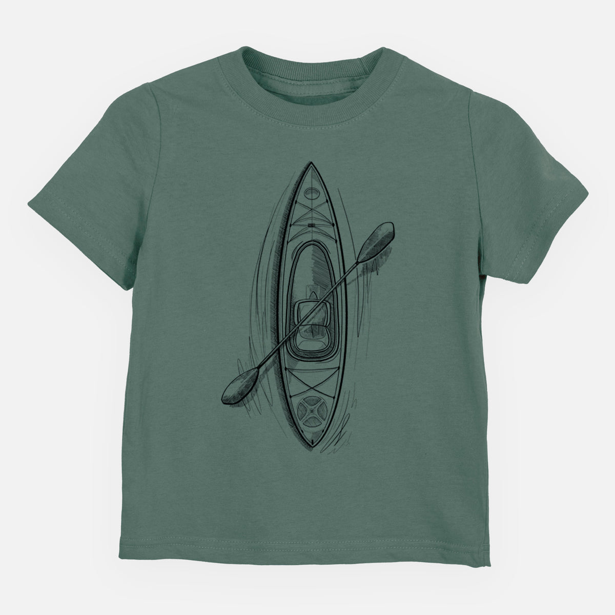 Basil green toddler t-shirt laid flat, printed with a black ink illustration of a kayak with a paddle, seen from above.