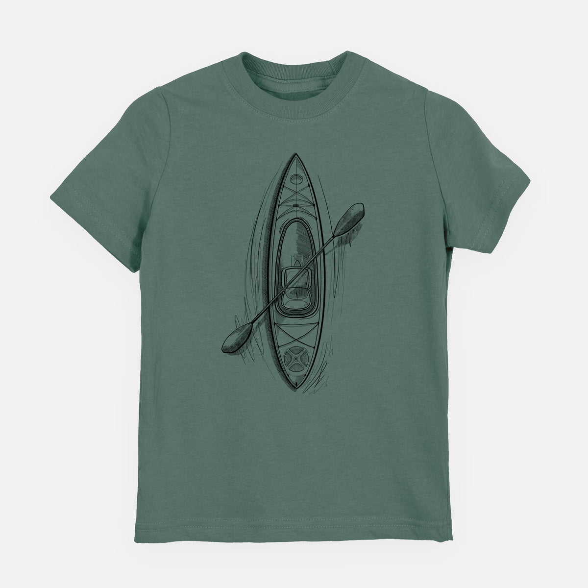 Basil green youth t-shirt laid flat, printed with a black ink illustration of a kayak with a paddle, seen from above.