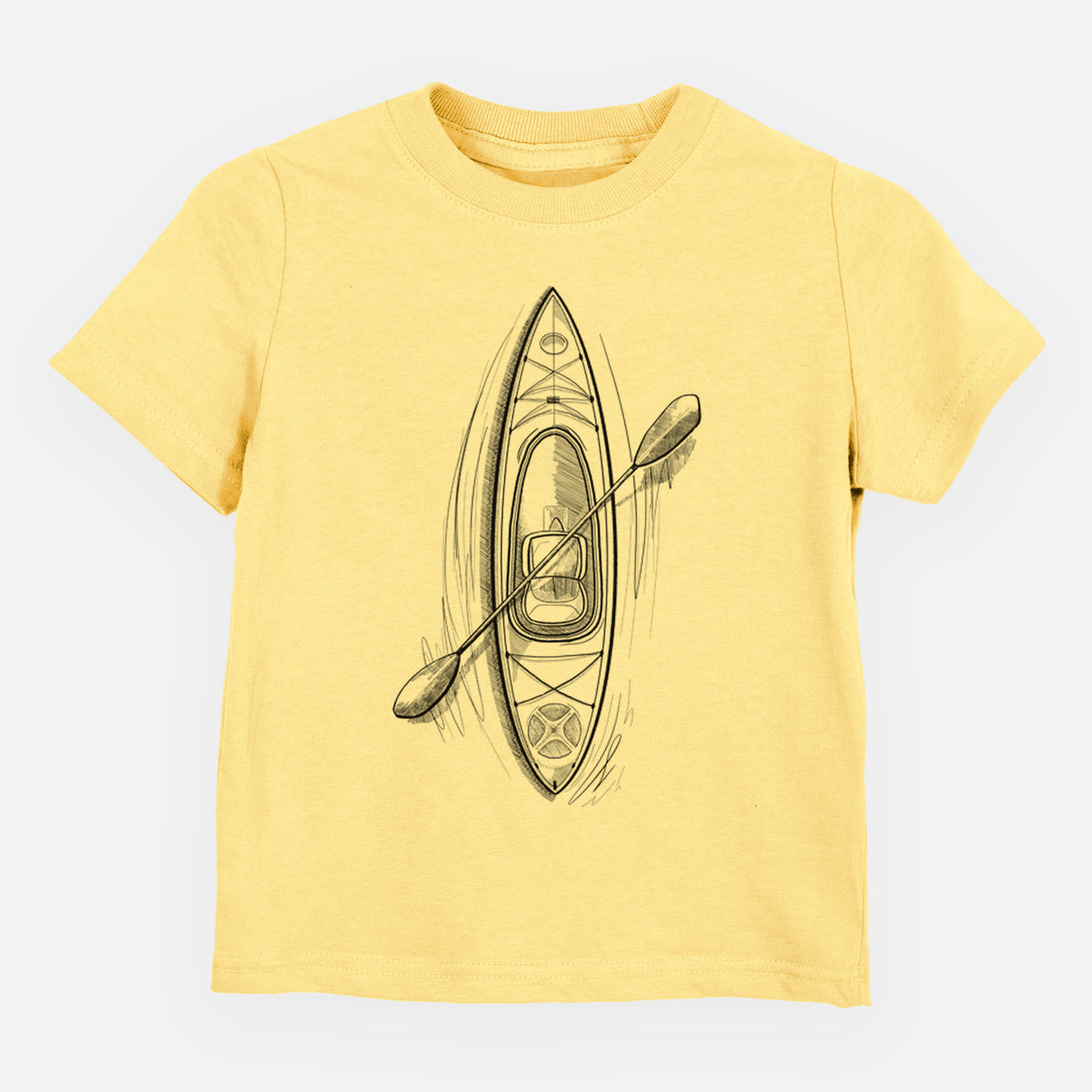 Butter yellow toddler t-shirt laid flat, printed with a black ink illustration of a kayak with a paddle, seen from above.
