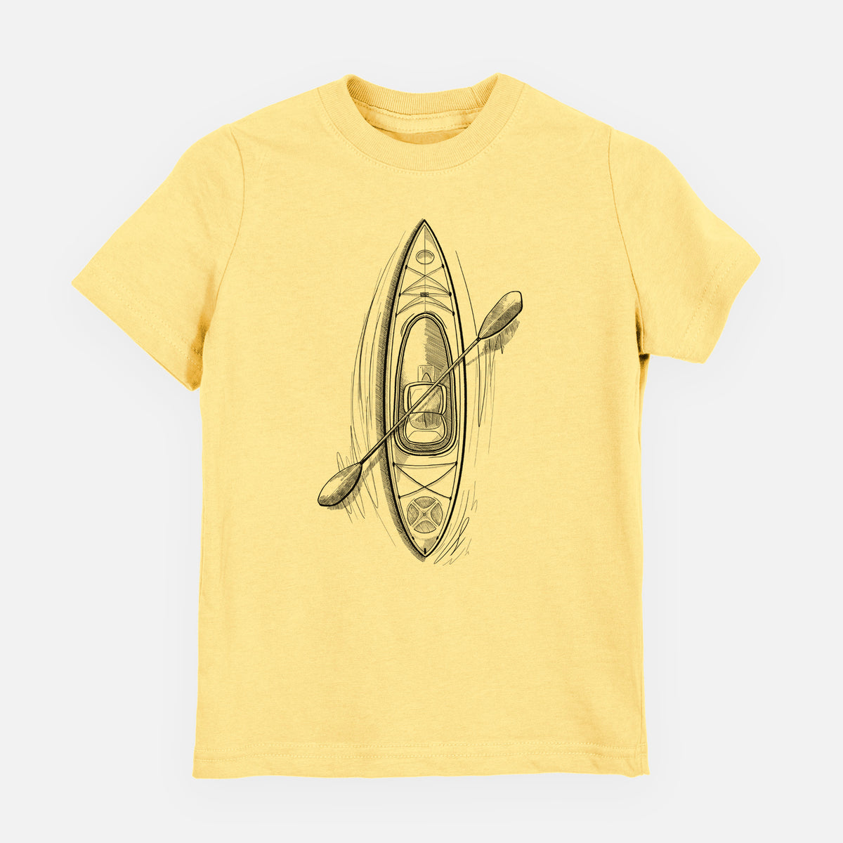 Butter yellow youth t-shirt laid flat, printed with a black ink illustration of a kayak with a paddle, seen from above.