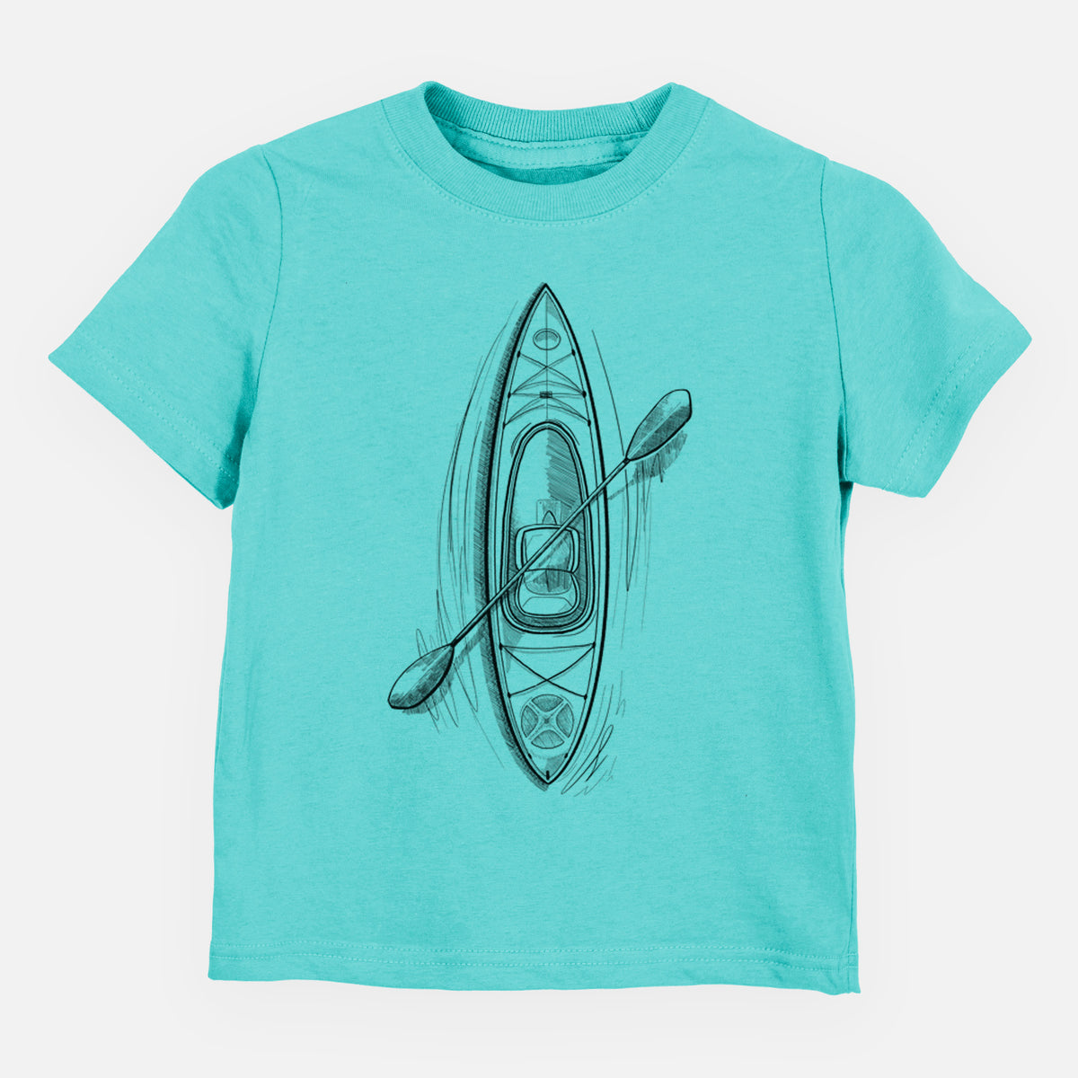 Caribbean blue toddler t-shirt laid flat, printed with a black ink illustration of a kayak with a paddle, seen from above.