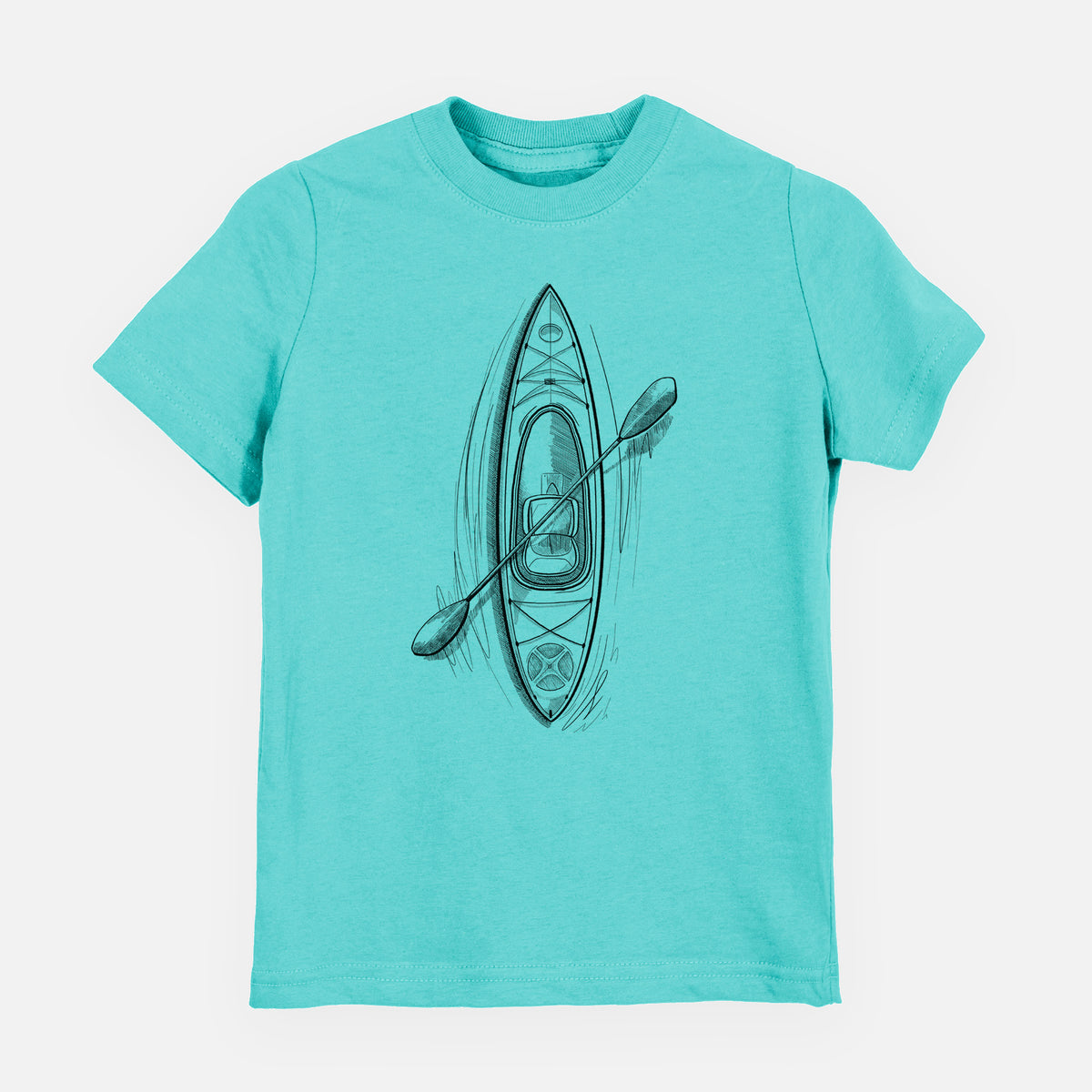 Caribbean blue youth t-shirt laid flat, printed with a black ink illustration of a kayak with a paddle, seen from above.