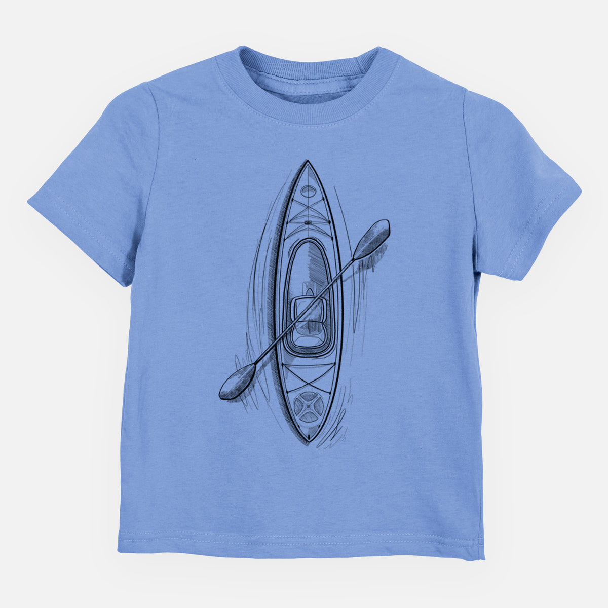 Carolina blue toddler t-shirt laid flat, printed with a black ink illustration of a kayak with a paddle, seen from above.