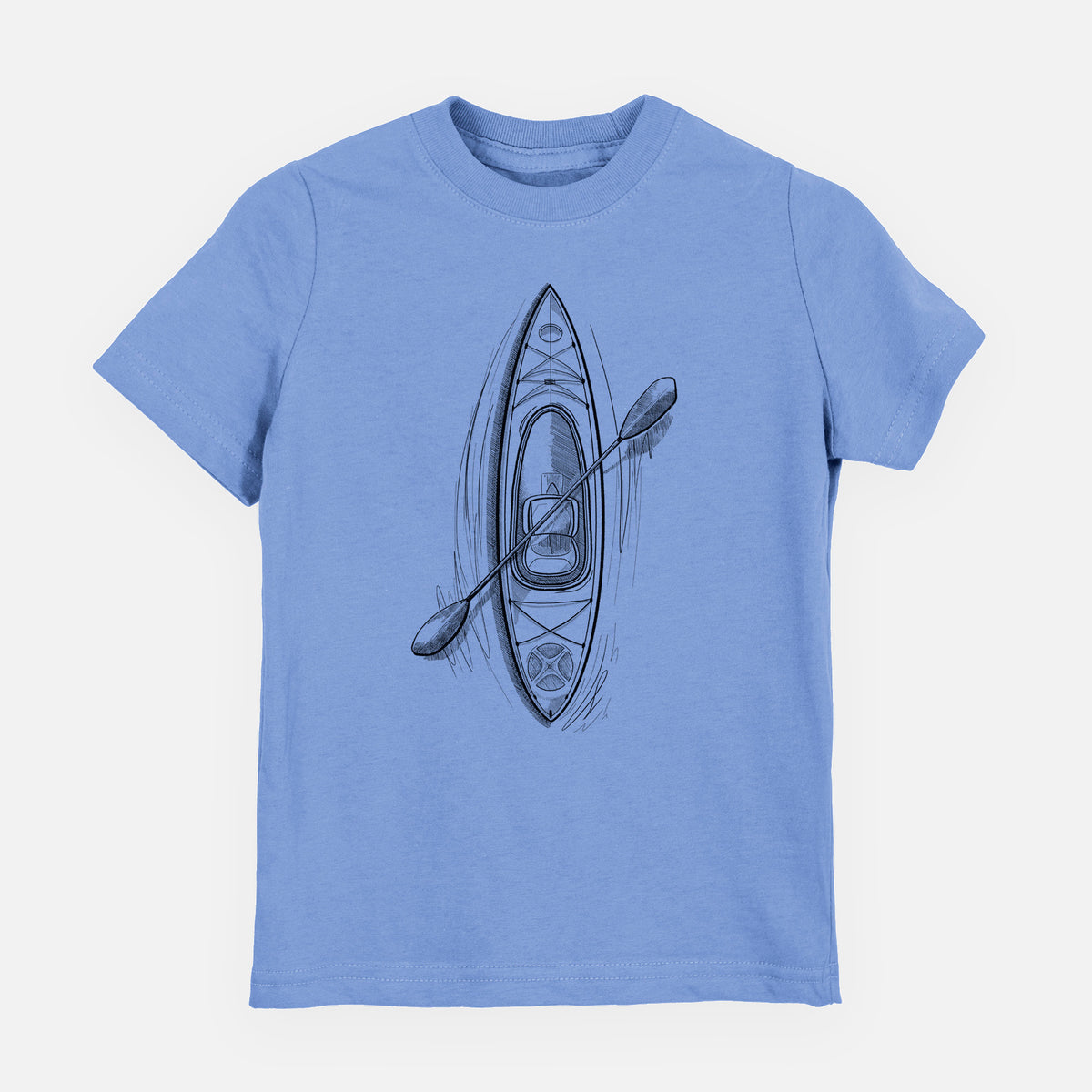Carolina blue youth t-shirt laid flat, printed with a black ink illustration of a kayak with a paddle, seen from above.