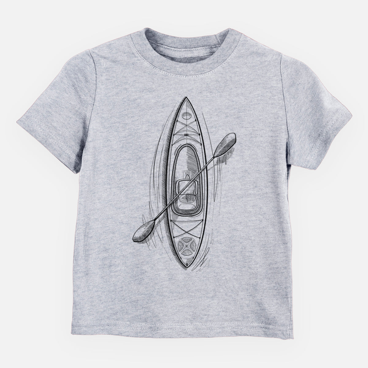 Heather grey toddler t-shirt laid flat, printed with a black ink illustration of a kayak with a paddle, seen from above.