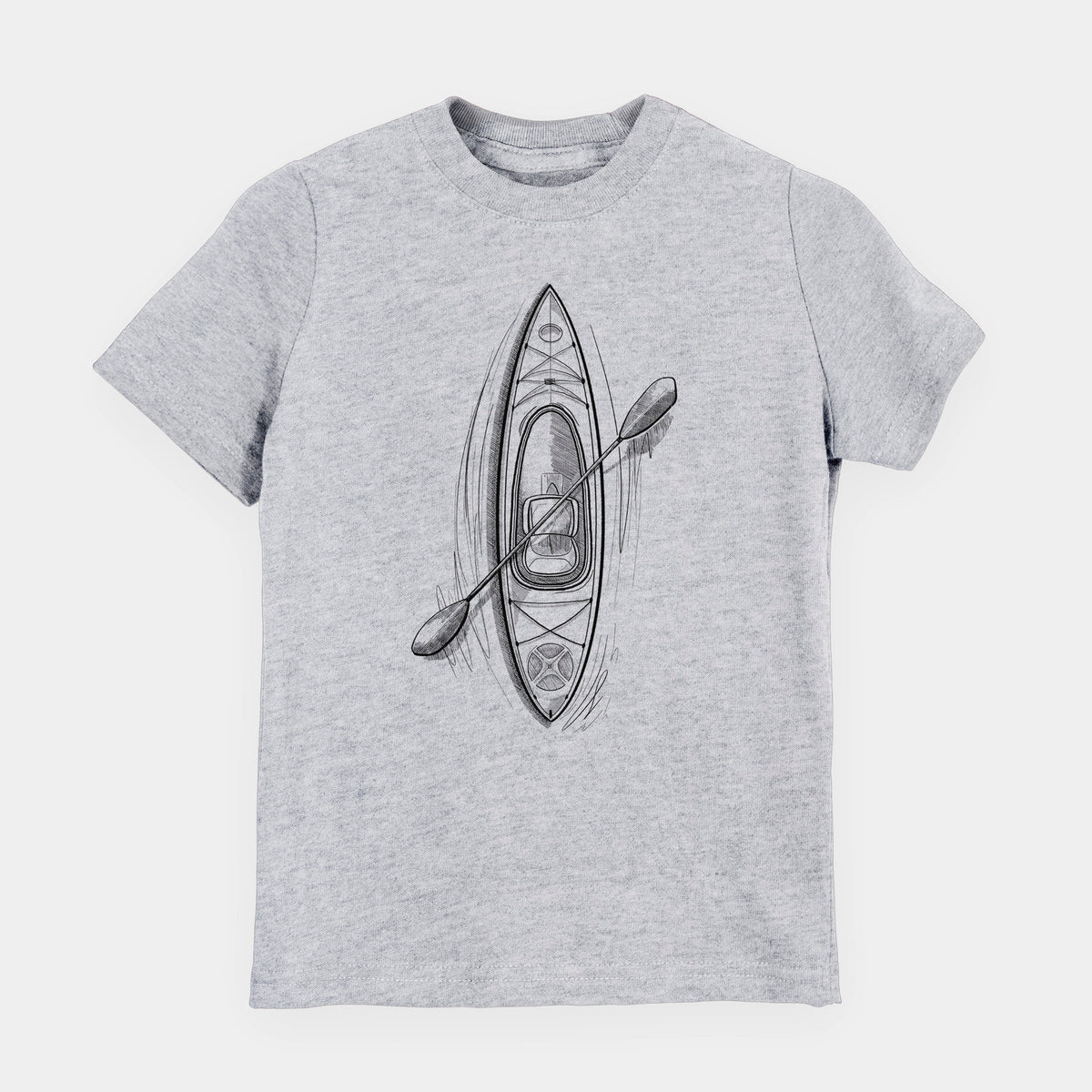 Heather grey youth t-shirt laid flat, printed with a black ink illustration of a kayak with a paddle, seen from above.