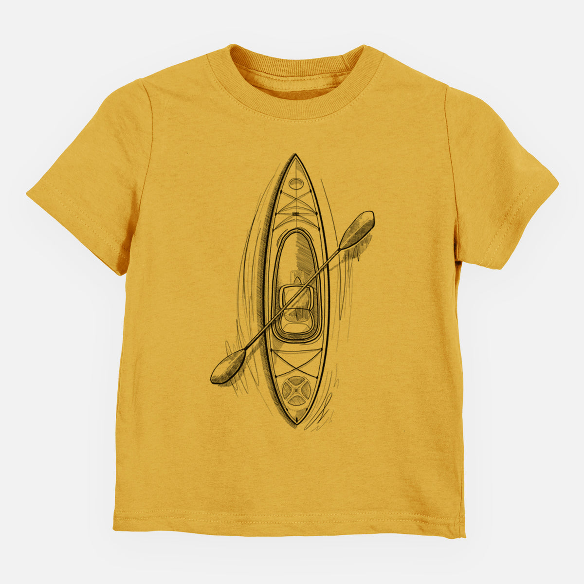 Honeycomb yellow toddler t-shirt laid flat, printed with a black ink illustration of a kayak with a paddle, seen from above.