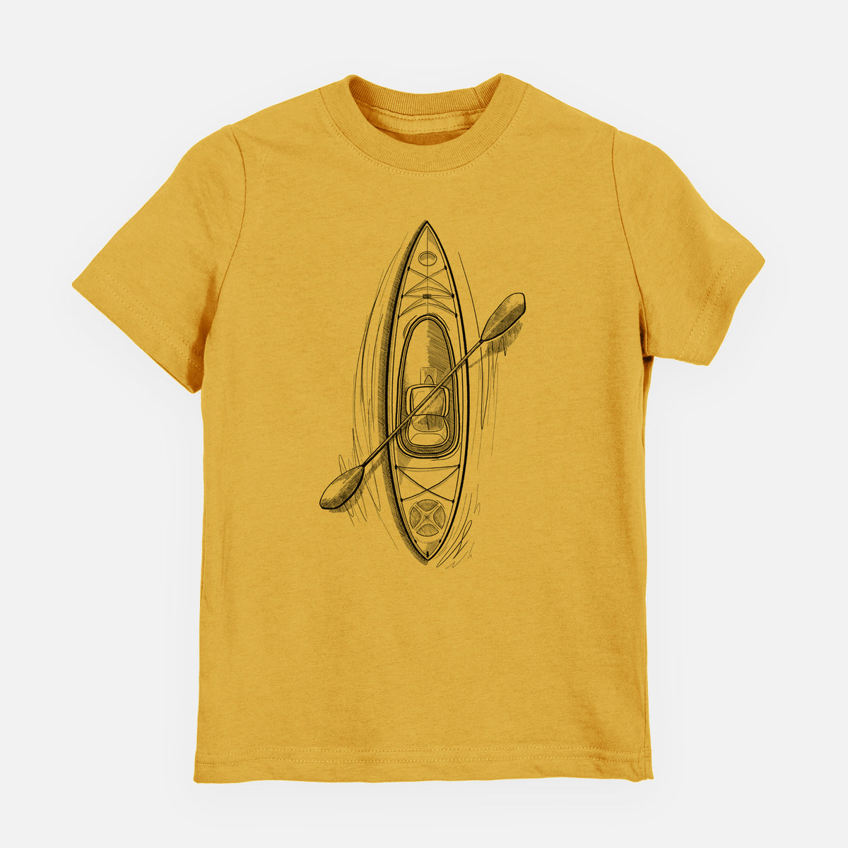 Honeycomb yellow youth t-shirt laid flat, printed with a black ink illustration of a kayak with a paddle, seen from above.