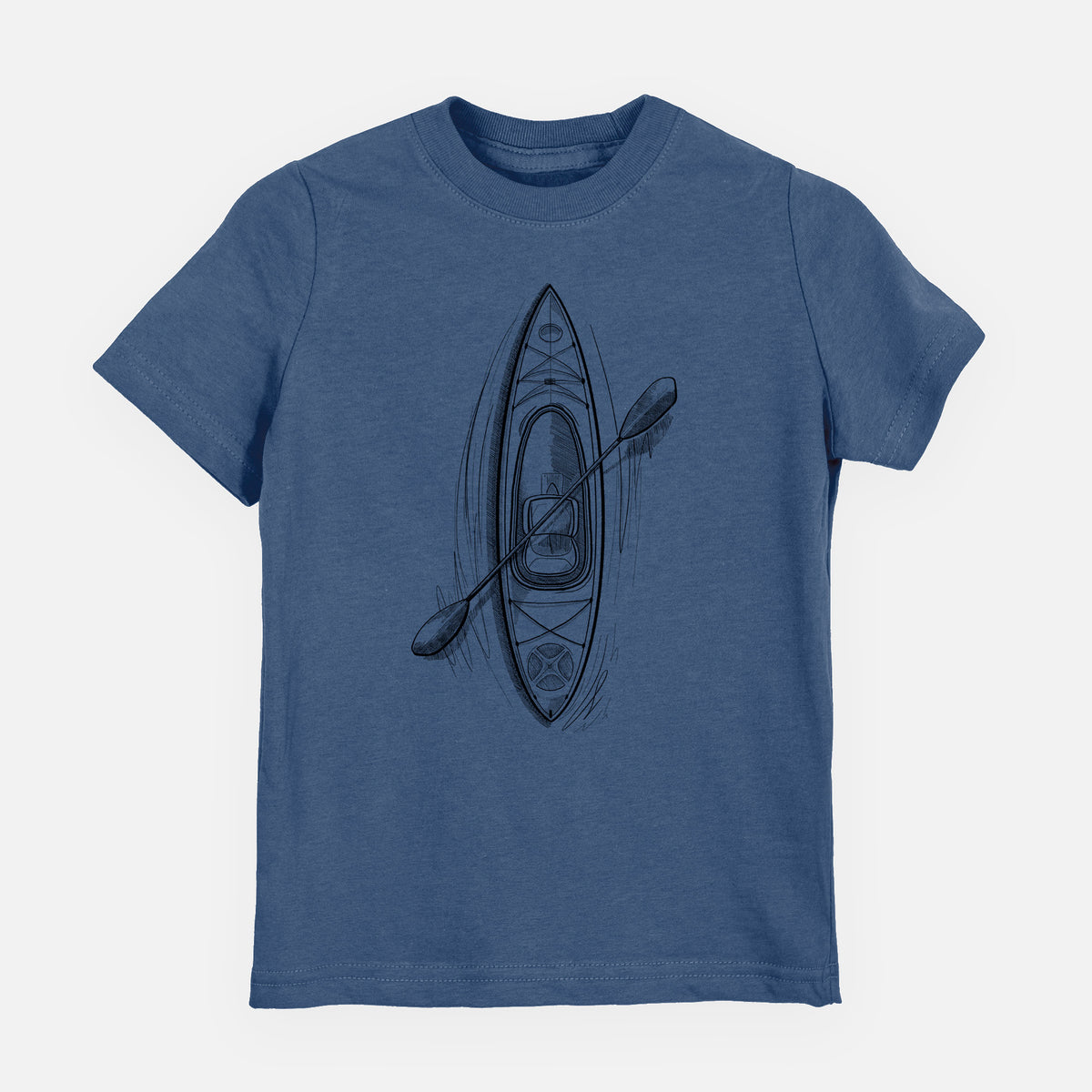 Indigo blue youth t-shirt laid flat, printed with a black ink illustration of a kayak with a paddle, seen from above.