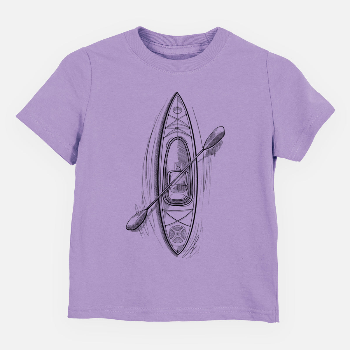 Lavender toddler t-shirt laid flat, printed with a black ink illustration of a kayak with a paddle, seen from above.