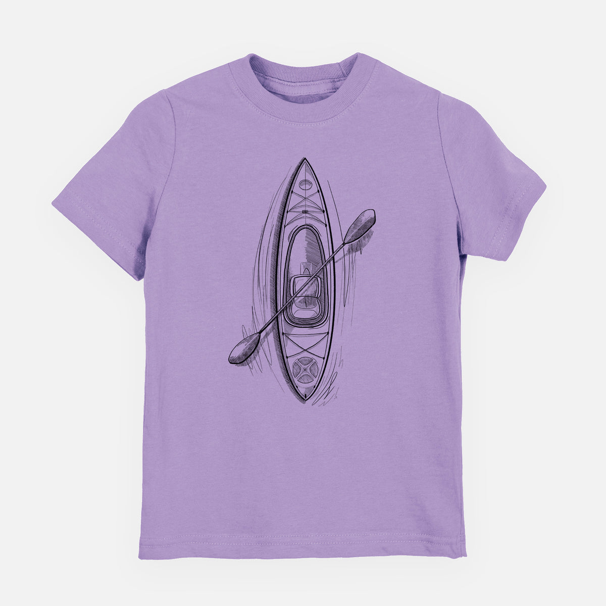 Lavender youth t-shirt laid flat, printed with a black ink illustration of a kayak with a paddle, seen from above.