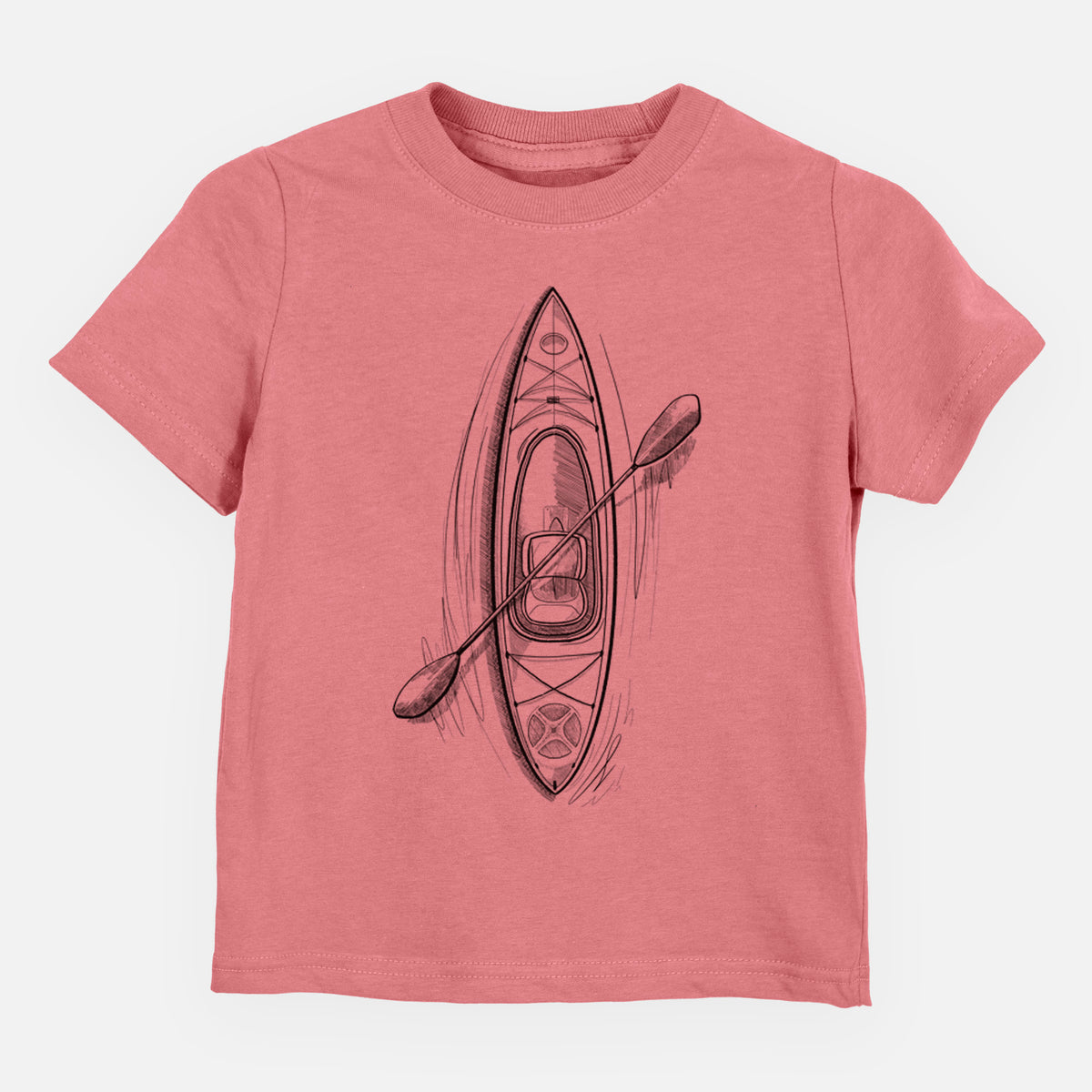 Mauve pink toddler t-shirt laid flat, printed with a black ink illustration of a kayak with a paddle, seen from above.