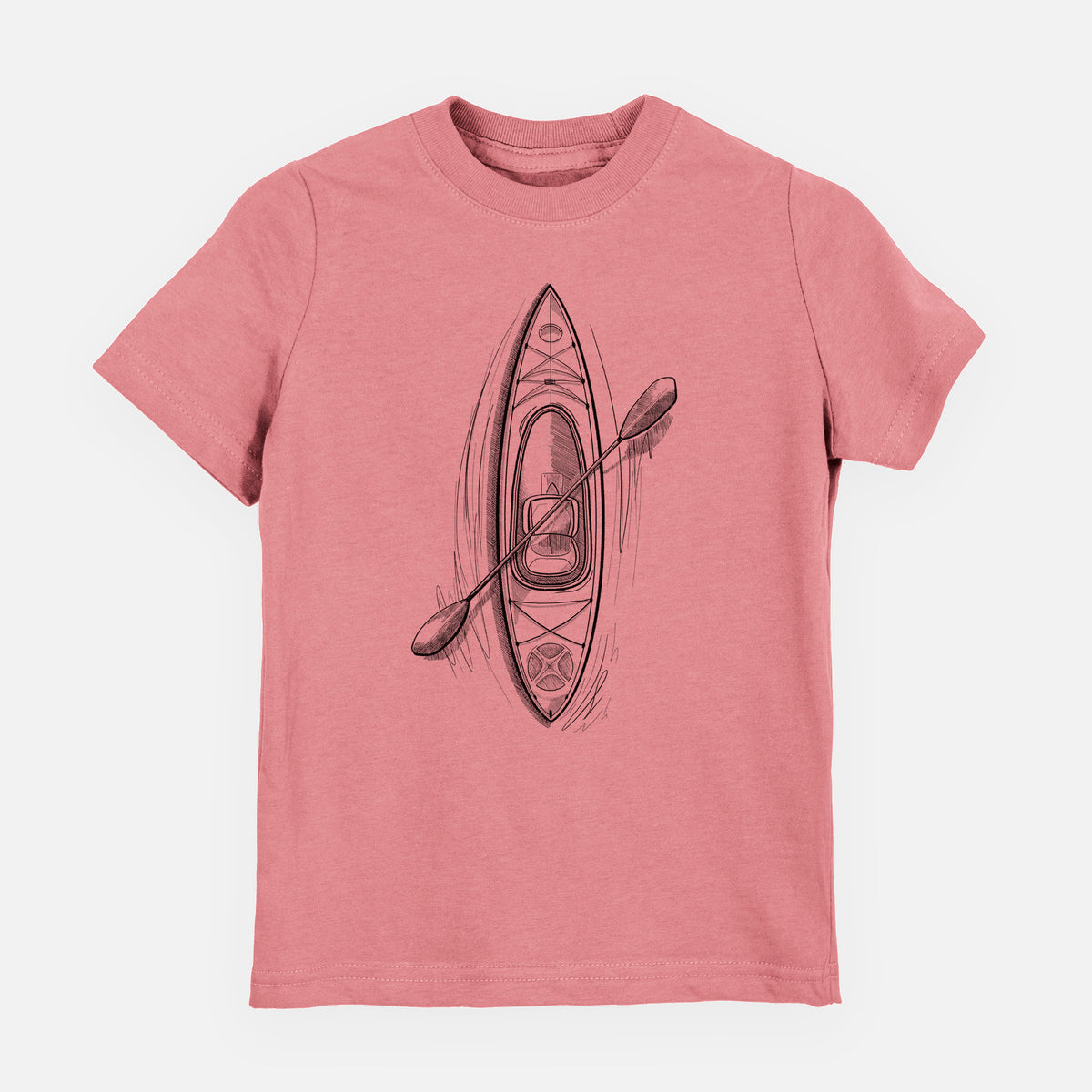 Mauve pink youth t-shirt laid flat, printed with a black ink illustration of a kayak with a paddle, seen from above.