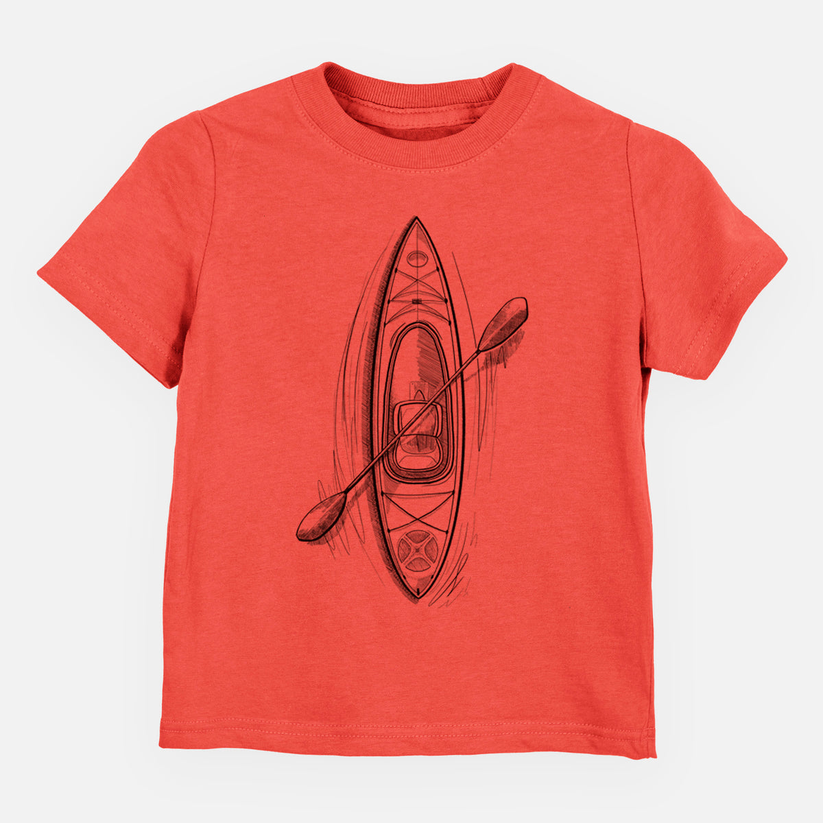 Passionfruit pink toddler t-shirt laid flat, printed with a black ink illustration of a kayak with a paddle, seen from above.