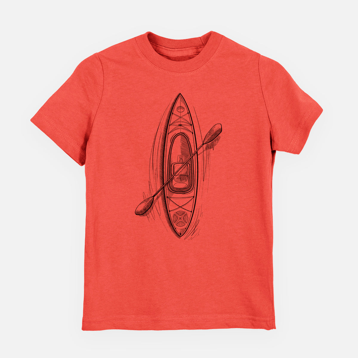 Passionfruit pink youth t-shirt laid flat, printed with a black ink illustration of a kayak with a paddle, seen from above.