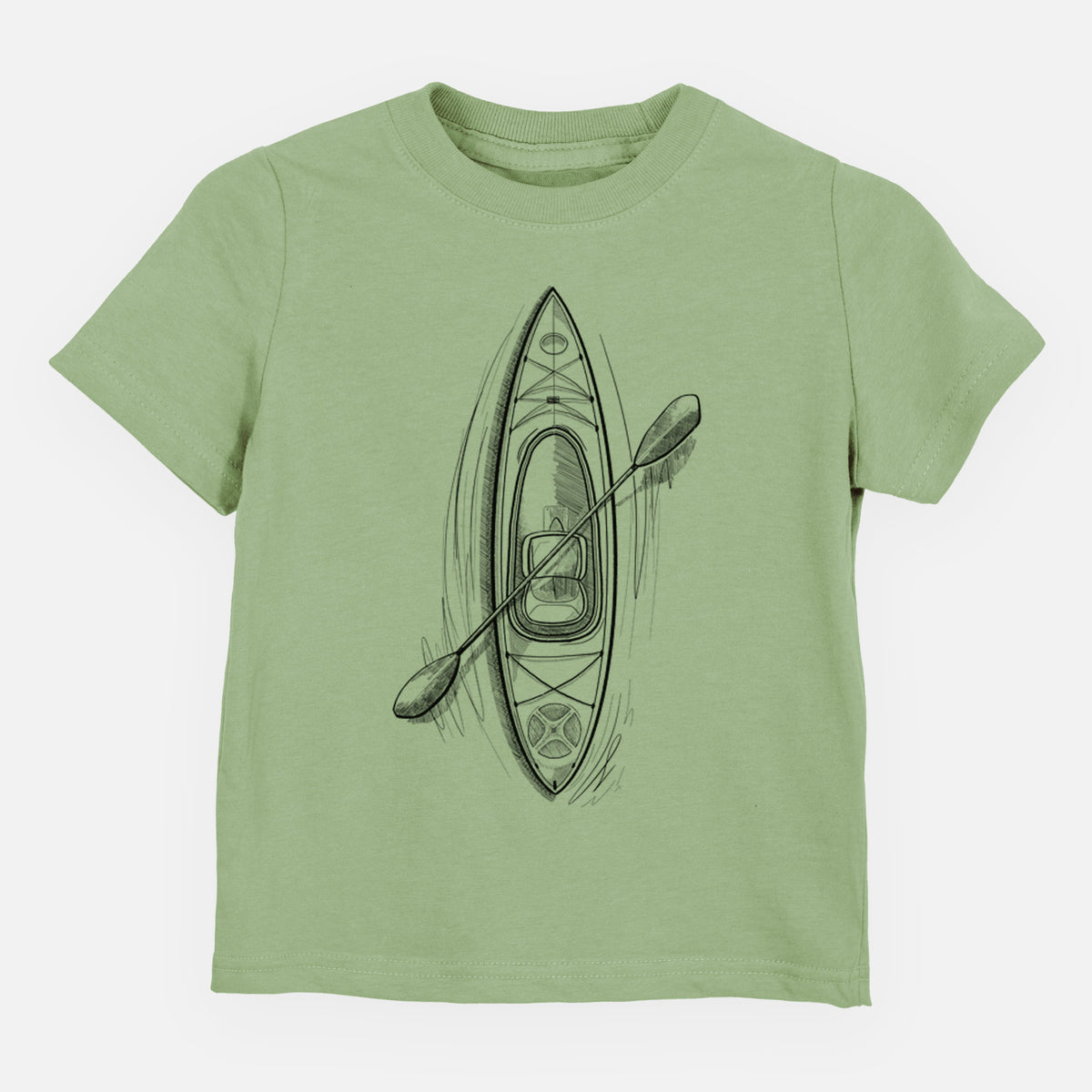 Sage green toddler t-shirt laid flat, printed with a black ink illustration of a kayak with a paddle, seen from above.