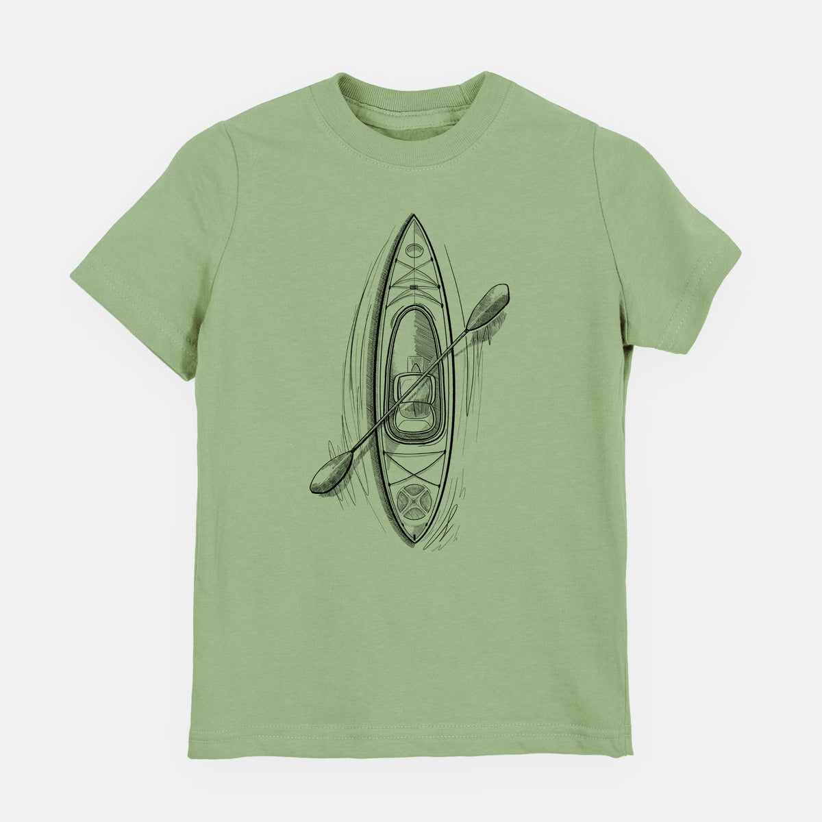 Sage green youth t-shirt laid flat, printed with a black ink illustration of a kayak with a paddle, seen from above.