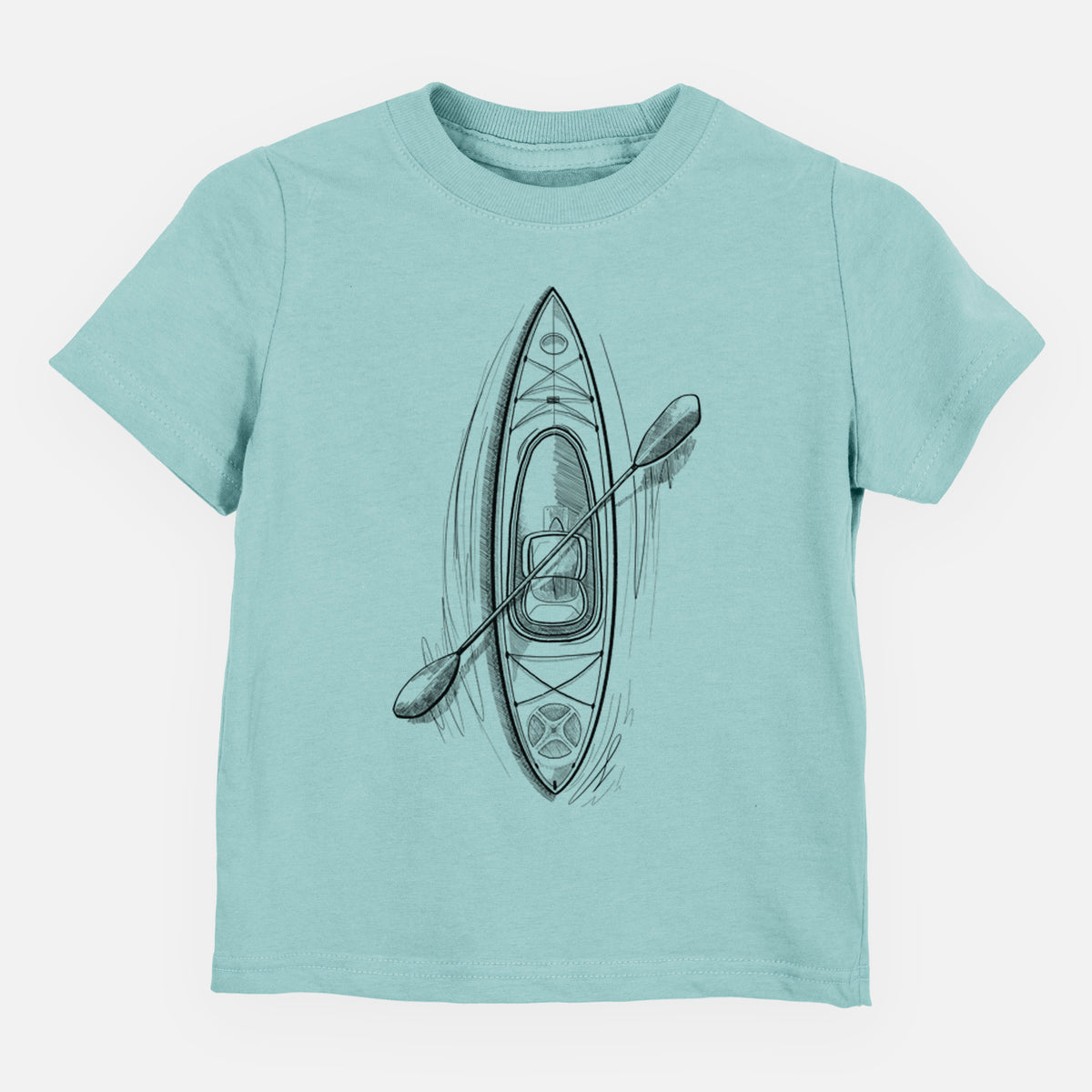 Saltwater toddler t-shirt laid flat, printed with a black ink illustration of a kayak with a paddle, seen from above.