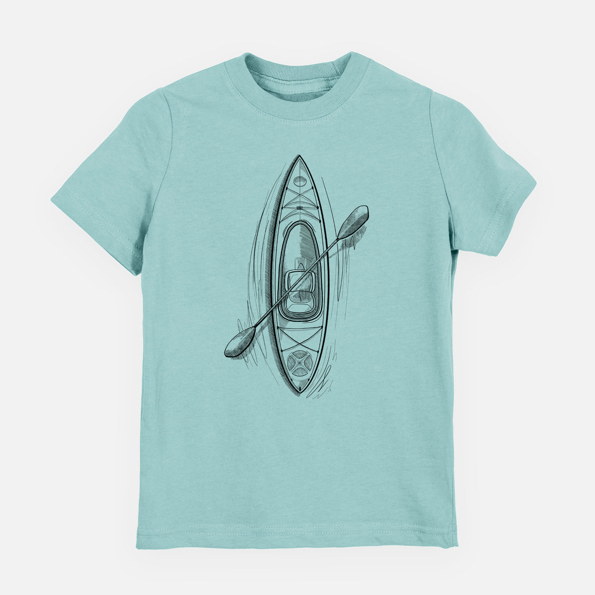 Saltwater youth t-shirt laid flat, printed with a black ink illustration of a kayak with a paddle, seen from above.