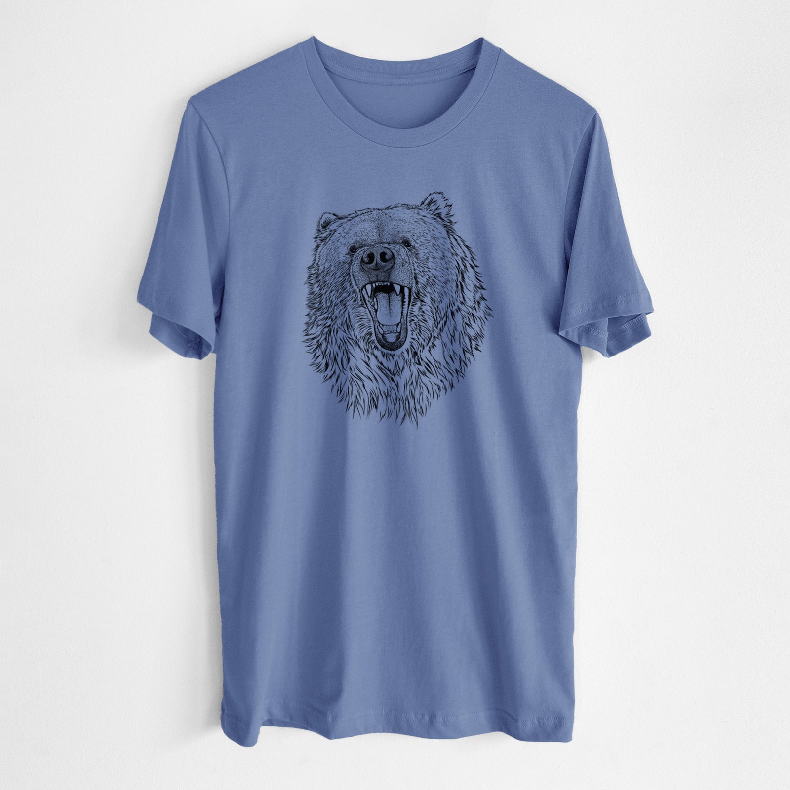 Blue bell lightweight cotton t-shirt laid flat, printed with a detailed black ink portrait of a roaring Kodiak bear facing forward.