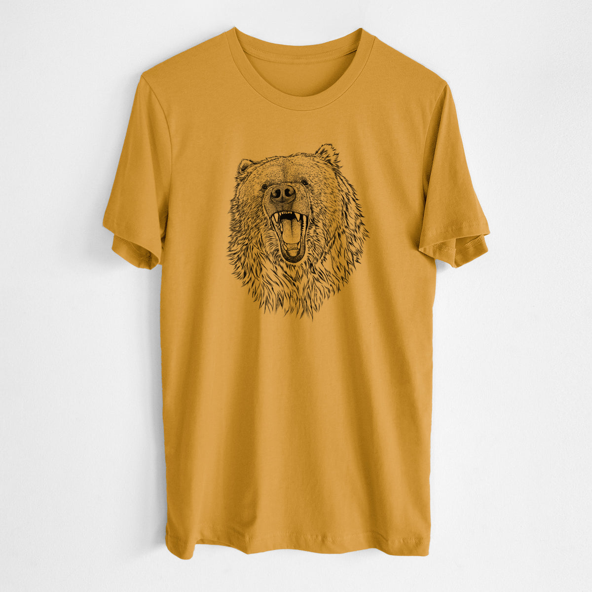 Honeycomb yellow lightweight cotton t-shirt laid flat, printed with a detailed black ink portrait of a roaring Kodiak bear facing forward.